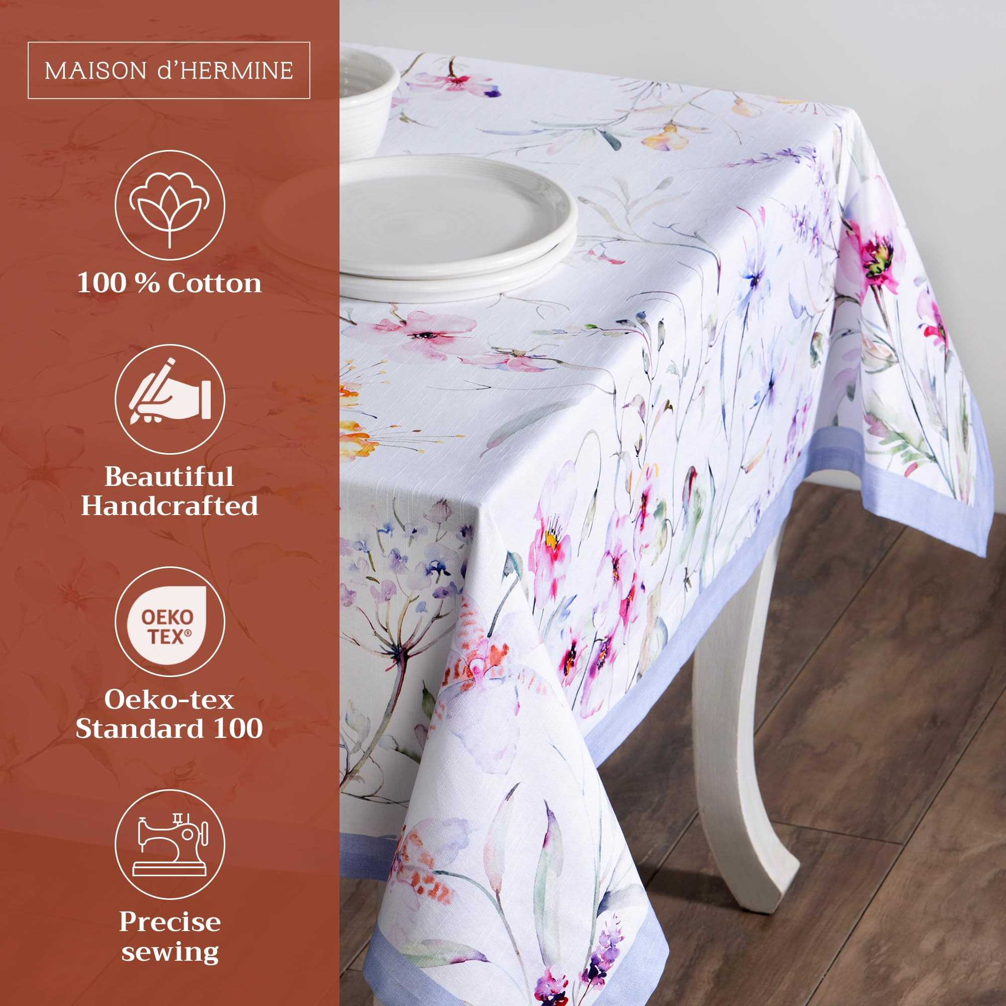 Maison d Hermine Table Cloth Square Table 100% Cotton 54 x 54 Inches Tablecloth Reusable Decorative for Dining Room, Farmhouse,