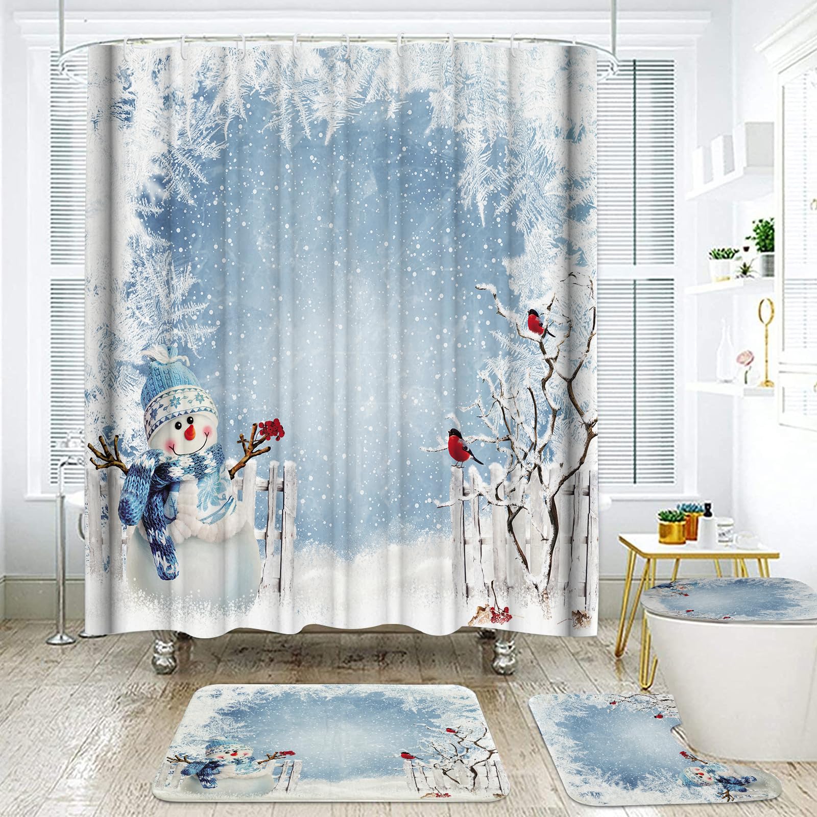 Onalasyc 4-Piece Christmas Shower Curtain Set, Winter Christmas Tree Cute Blue Snowman Holiday Merry Bathroom Set with Shower Cu