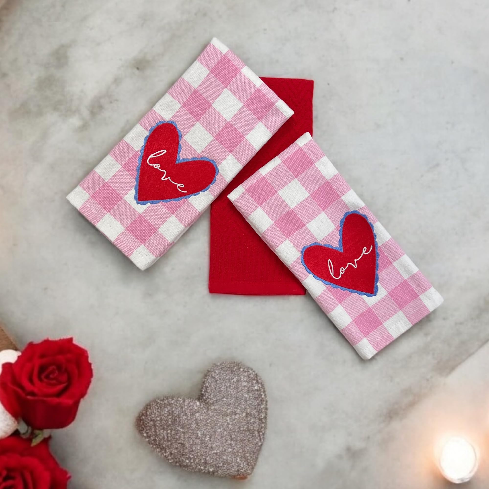Serafina Home Valentine'S Day Love Hand Kitchen Dish Towels: Soft Absorbent Embroidered Gingham Pink Heart Love Design, 100% Cot