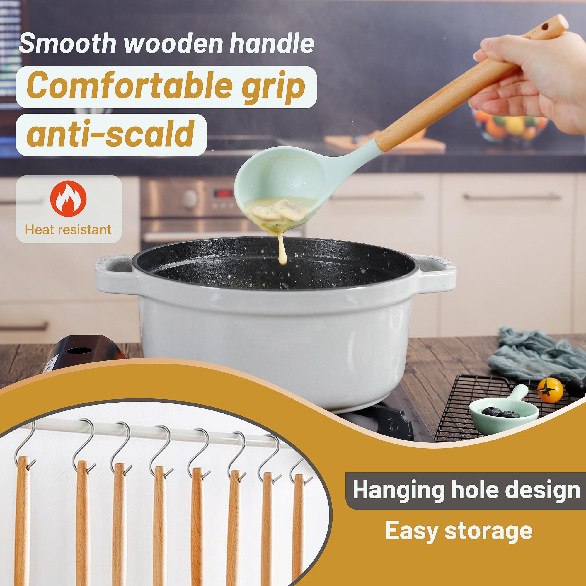 Qmvess Silicone Kitchen Utensils Set, 35 Pcs Non-Stick Cooking Utensils Set, Sturdy Insulation Wooden Handle Kitchen Accessories