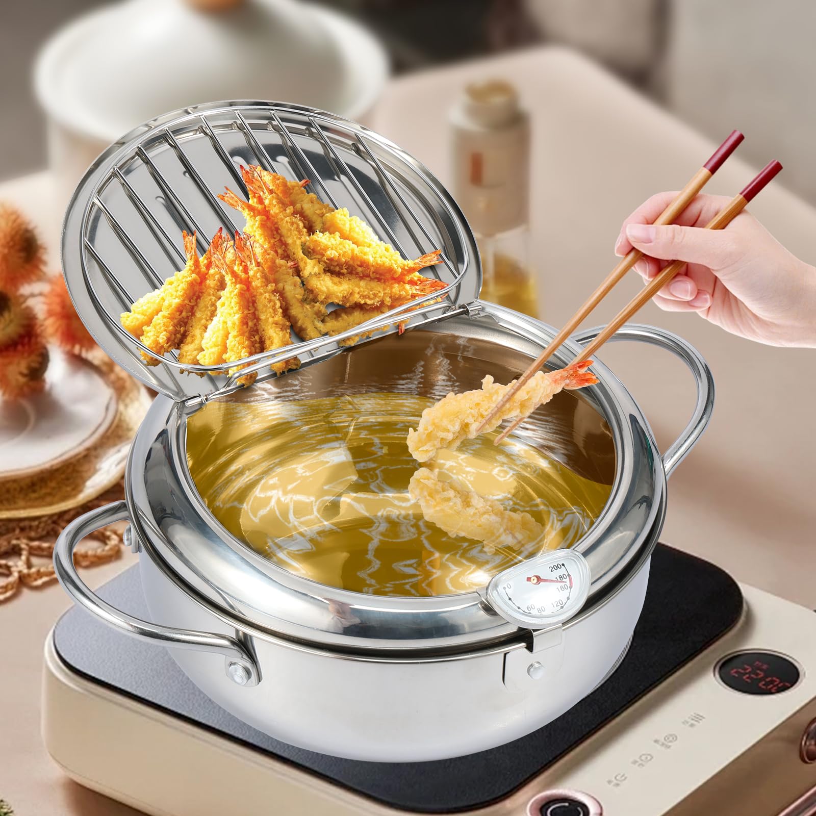 9.76/115oz 304 Stainless Steel Deep Fryer Pot,Janpanese Style Tempura Frying Pot with Strainer Basket and Thermometer,Frying Pot