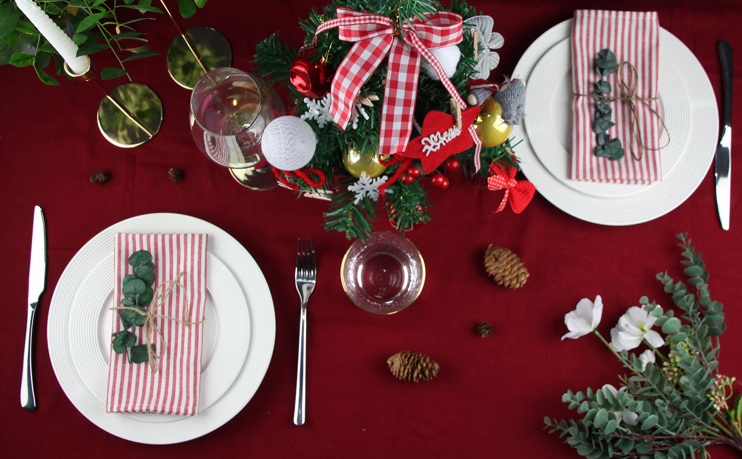 Infei Plain Striped Cotton Linen Blended Dinner Cloth Napkins - Set Of 12 (40 X 30 Cm) - For Events & Home Use (Red)