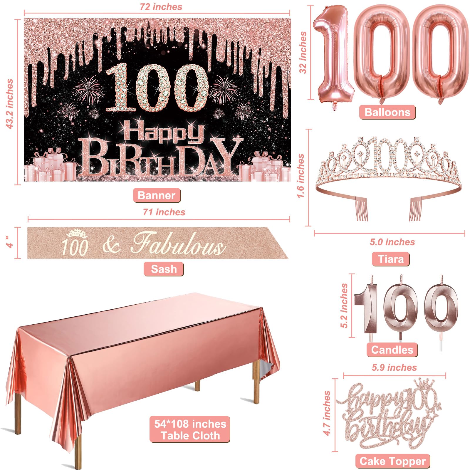 100Th Birthday Decorations For Women With Banner, Rose Gold Tablecloth, Number Balloons, 100Th Birthday Sash And Tiara, Cake Top