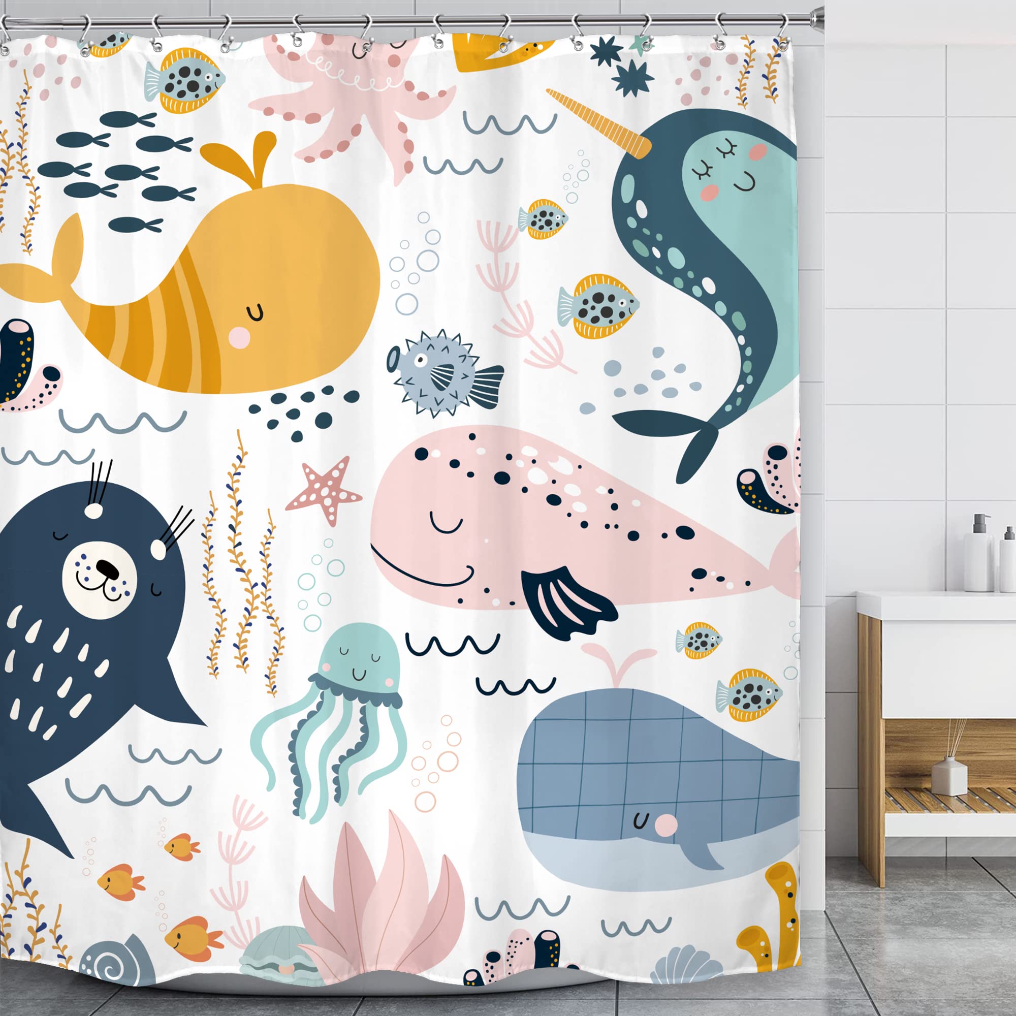 Lghtyro Cartoon Whale Shower Curtain Bathroom Set 60Wx71H Inches Kids Fish Baby Ocean Animals Underwater Sea Boys Girls Child Ba