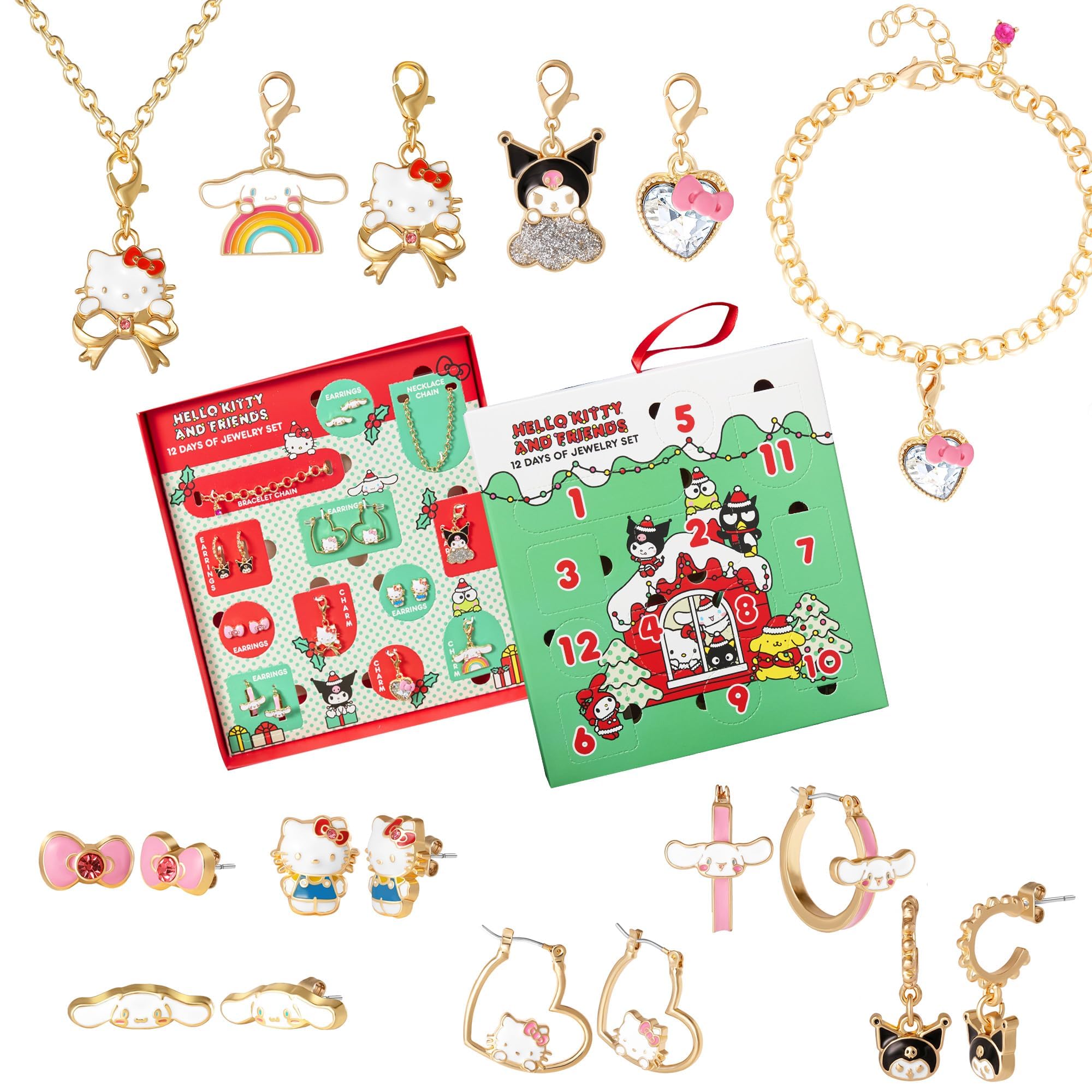 Hello Kitty and Friends Jewelry Advent Gift Set: 12 Piece Earrings Necklace Bracelet & Charms Mix & Match Christmas Set