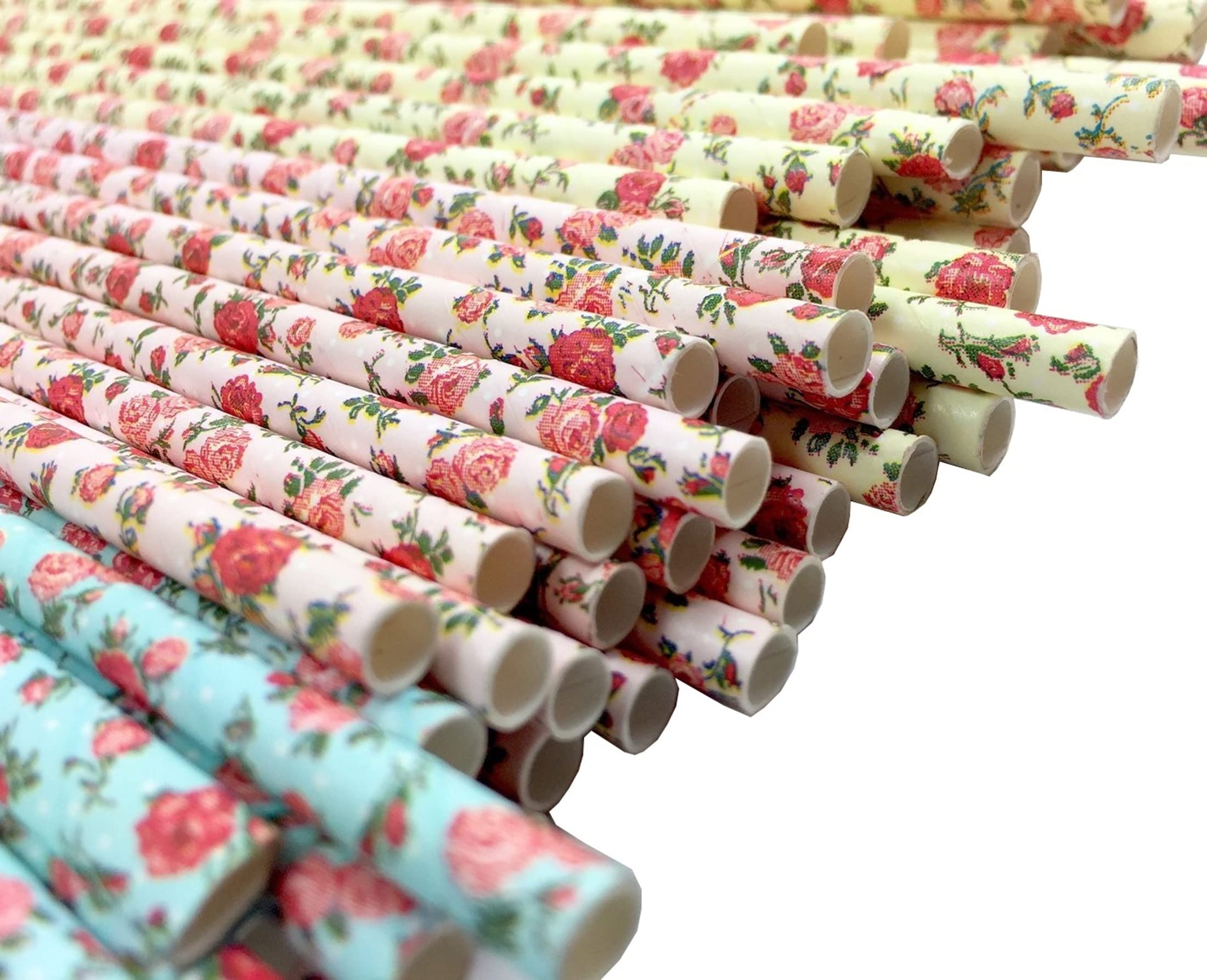 75-Pack Biodegradable Floral Paper Straws - Pink, Blue, Yellow - Vintage Flower & Rose Design - Eco-Friendly Disposable Straws F