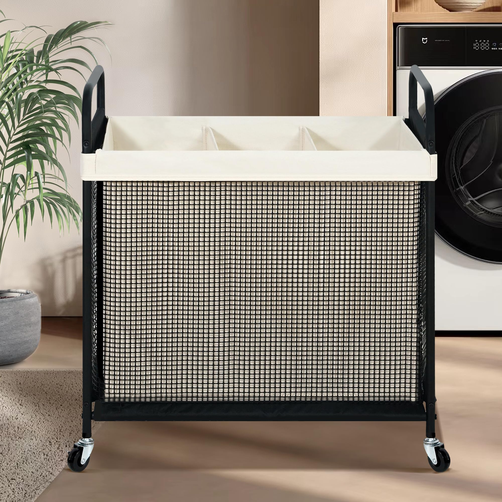 Sto Sto Laundry Hamper 3 Section, 120L Rolling Laundry Sorter Cart With Removable And Washable Liner Bag, Rolling Clothes Hamper