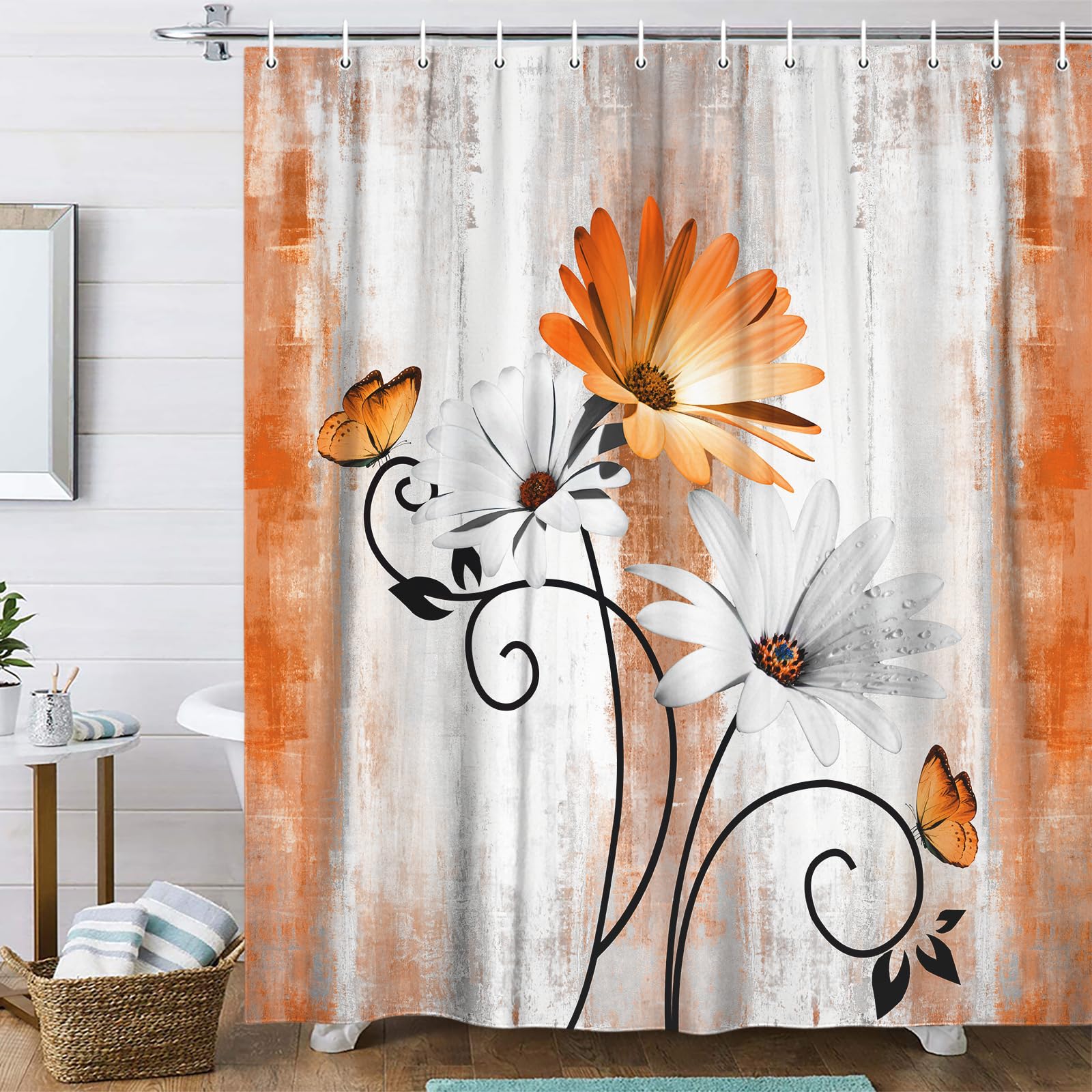 Rustic Farmhouse Shower Curtain, Farm Orange Daisy Floral Fall Flowers and Butterfly on Country Wooden Autumn Shower Curtain for
