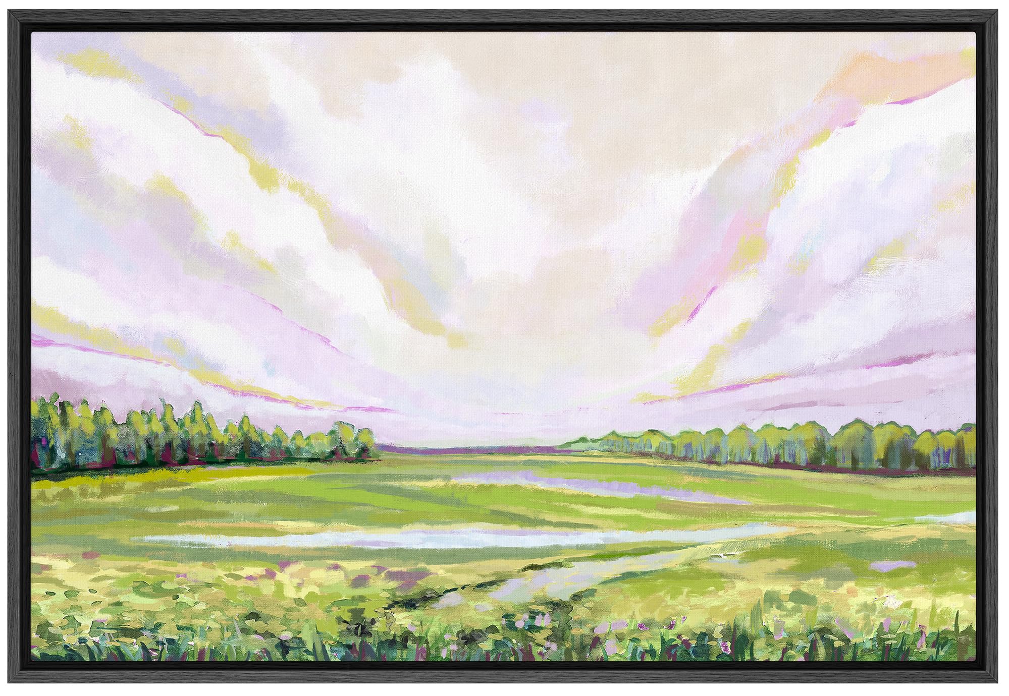 Signford Framed Canvas Print Wall Art Abstract Cloudy Lanscape Nature Wilderness Illustration Minimalism Decorative Colorful Rus