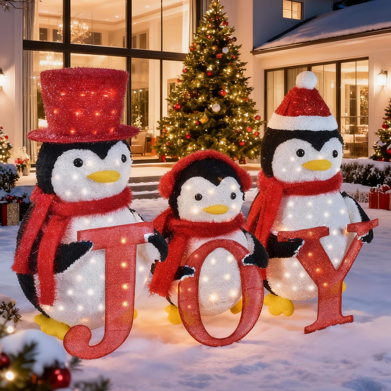 HOYECHI 3-Piece Lighted Christmas Penguin Family Set - Outdoor Yard Decoration Pop-Up Penguin with 150 LED Lights, Joy Sign, Hol