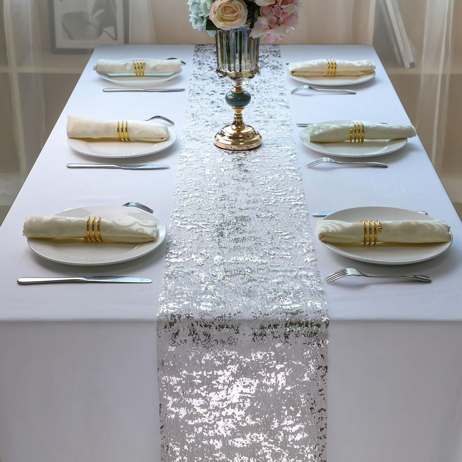 Snowkingdom 2 Pieces Silver Table Runner, Sequin Glitter Foil Metallic Silver Thin Mesh Table Runner Roll 11''X108'', Silver Tab