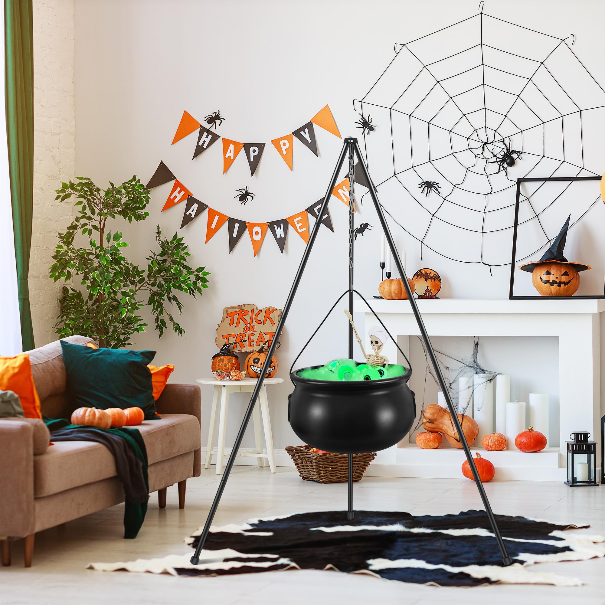 Halloween Decorations Outdoor Indoor,Large Witches Cauldron on 52 Tripod with String Lights, Skeleton and Eyeballs,Hocus Pocus D