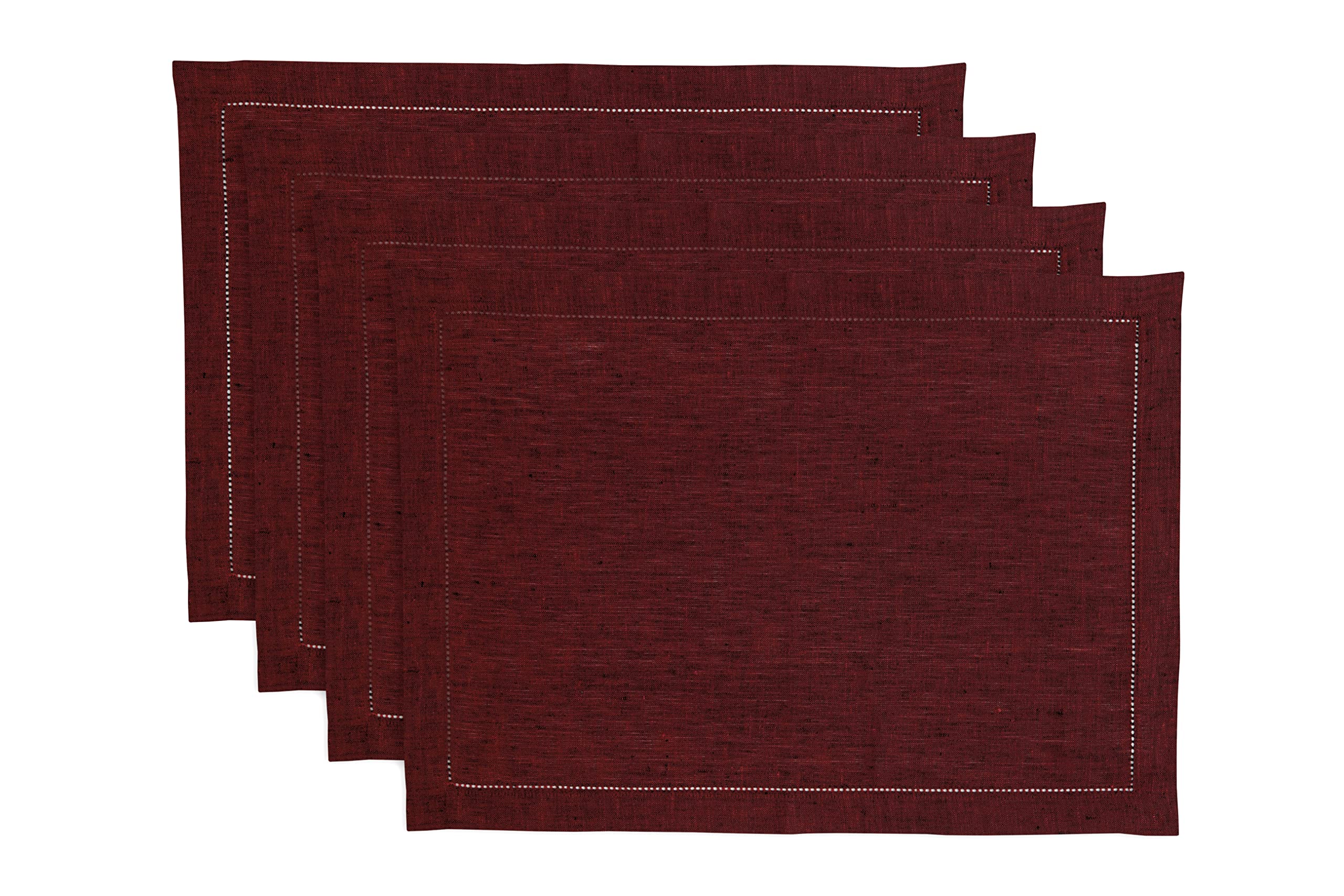 Solino Home Linen Placemats 14 X 19 Inch - 100% Pure Linen Red Garnet Placemats Set Of 4 - Milan Hemstitch Tablemats For Kitchen