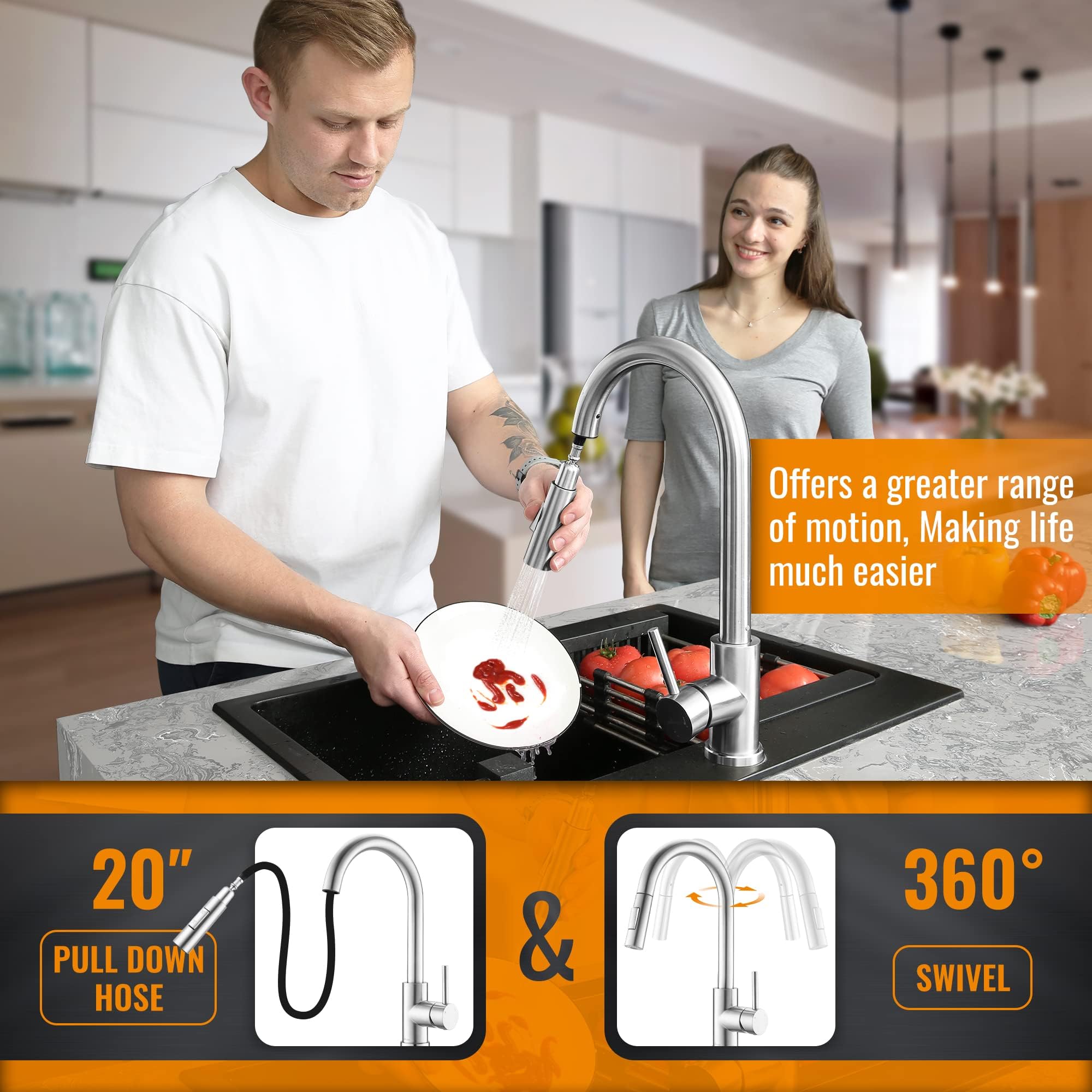 Appaso Kitchen Faucet With Pull Down Sprayer Brushed Nickel, Single-Handle High Arc Swan-Neck Modern Kitchen Sink Faucet With Op