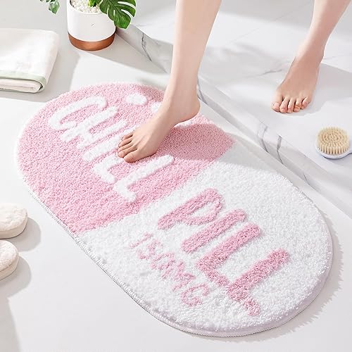 FROZZUR Chill Pill Bath Mat  Non Slip Pink Bath Mats for Bathroom Cute Shaped Bathtub Preppy Rug Bathroom Tub Plush Shower Rugs Washable  Pink