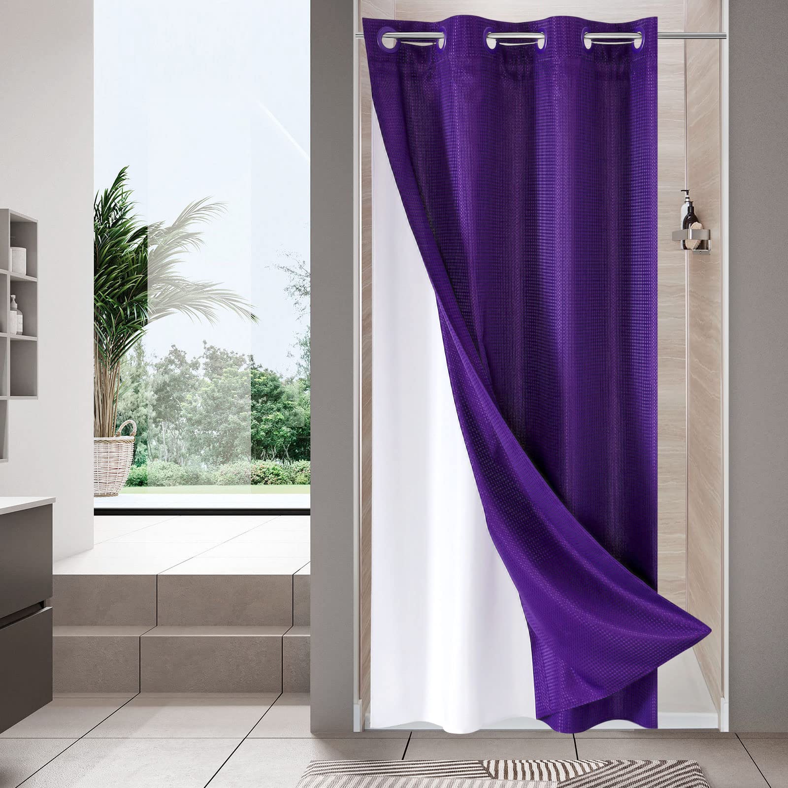 Mitovilla Purple Waffle Small Stall Shower Curtain 36 X 74, No Hooks Needed Half Size Narrow Waffle Weave Fabric Shower Curtain