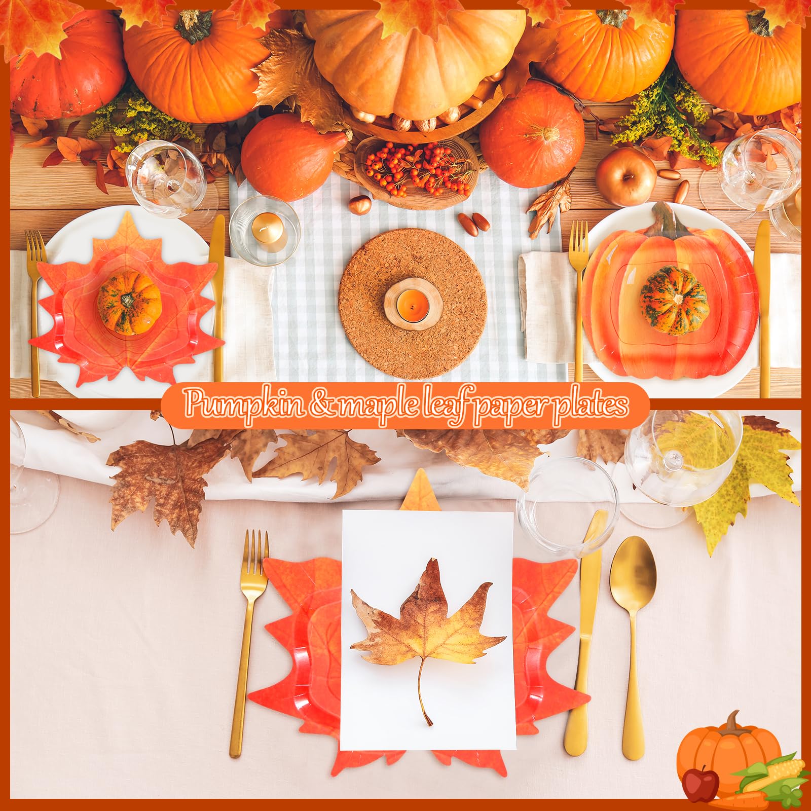 Piklodo 60 Pcs Fall Thanksgiving Paper Plates Autumn Disposable Dessert Party Plates 9 Inch Maple Leaf Pumpkin Plate Orange Pape
