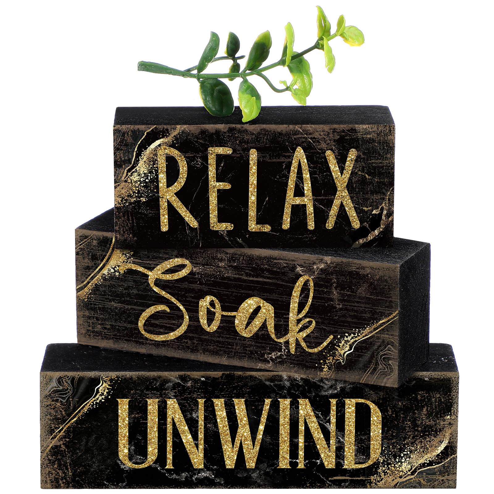 Moucuny 4 Pcs Black and Gold Bathroom Shelf Decor Sign Farmhouse Bathroom Decor and Accessories Rustic Eucalyptus Leaves Block S