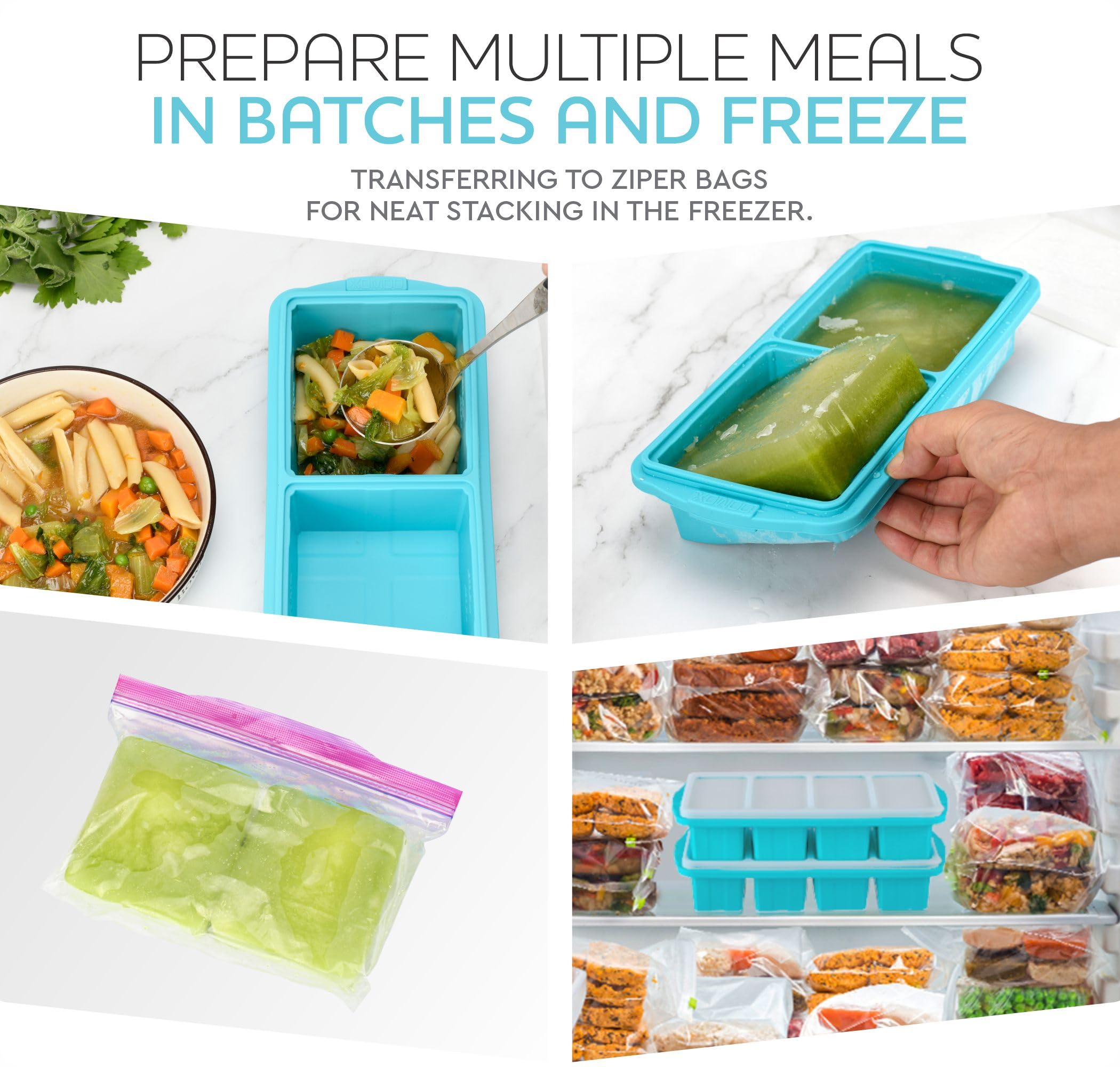 Xomoo Silicone Freezer Tray With Lid-Soup Freezer Container Molds-2-Cup Extra Large Ice Cube Tray-Makes 4 Perfect 500Ml Portions