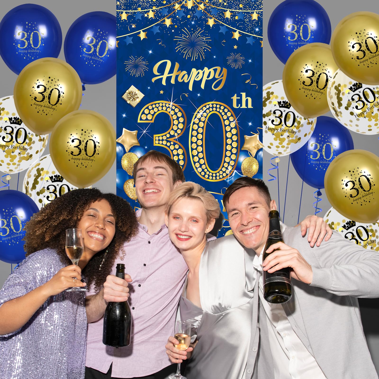 30Th Birthday Party Decorations For Men Navy Blue Gold Happy 30Th Birthday Banner With 18Pcs 30Th Balloons 30Th Door Cover Backd