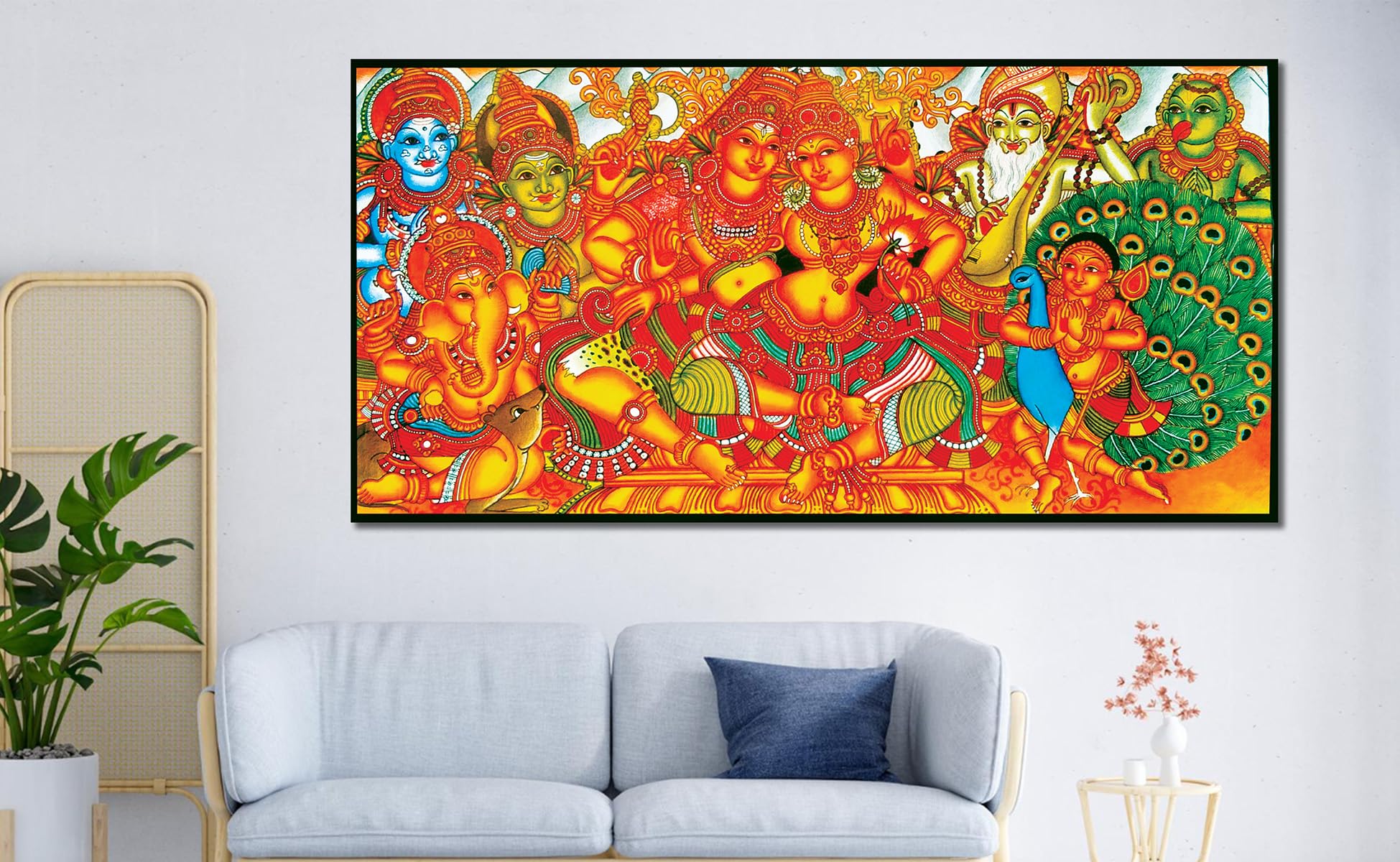 Namaste Home - Canvas Painting - Shiv & Parvati - Indian God - Traditional Art - Kerala Mural Art - Living Room Wall Decor, 34x1