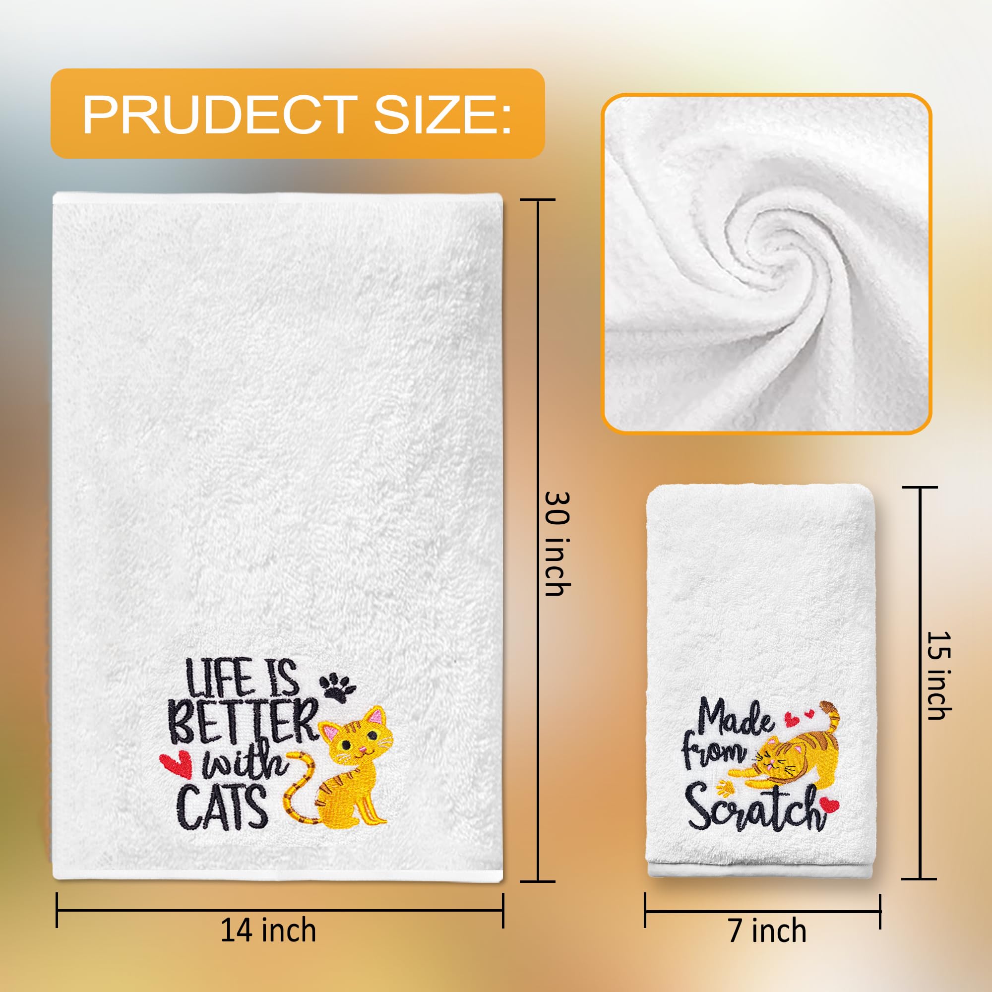 FUTBU Cat Hand Towels for Bathroom - Set of 2, Embroidered Cat Lover Gifts, Soft Cotton 14x30 Inches