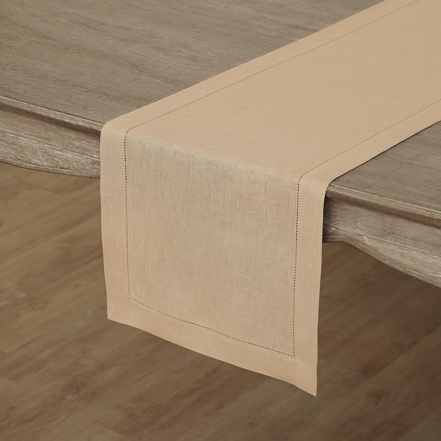 Solino Home Linen Beige Table Runner 108 Inches Long - 100% Pure Linen Classic Hemstitch Dining Table Runner 16 X 108 Inch Ideal