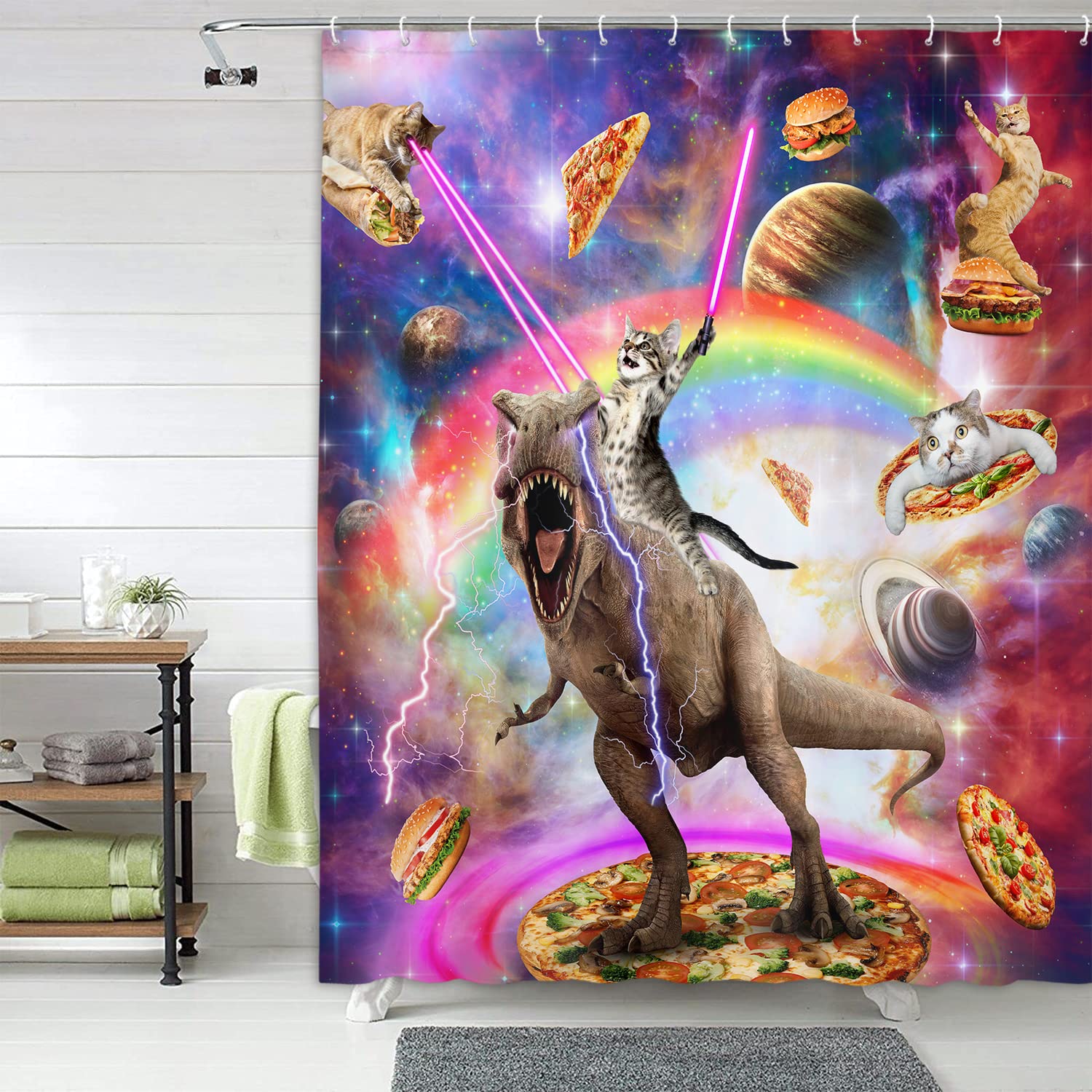 Funny Cat Shower Curtain, Cool Cat Riding Dinosaur On Fantasy Galaxy Space Shower Curtain, Cute Hilarious Outer Universe Anime F