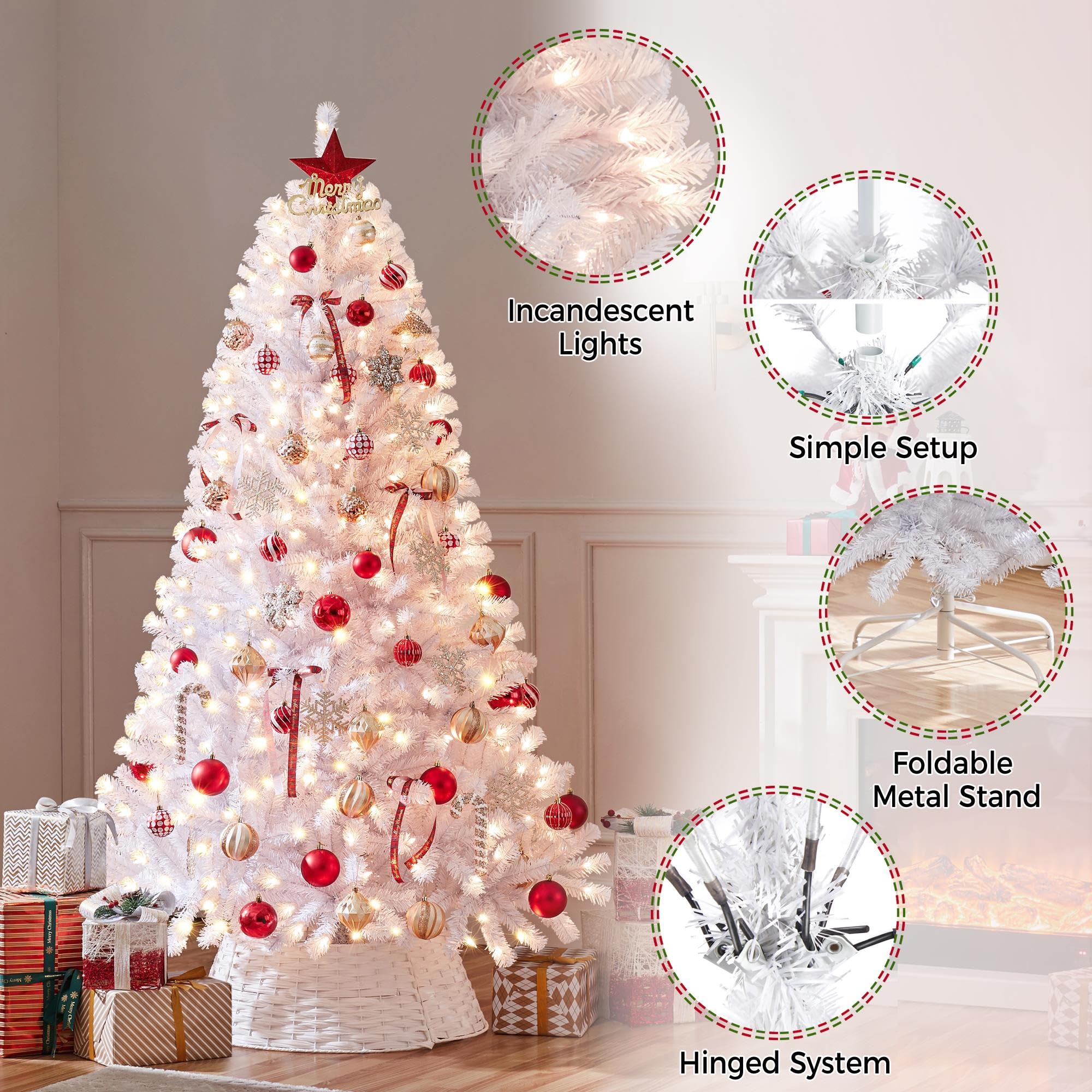 Yaheetech 6ft Pre-lit Spruce Artificial Hinged Christmas Pine Tree Prelighted Holiday Xmas Tree for Home Party Decoration with 3