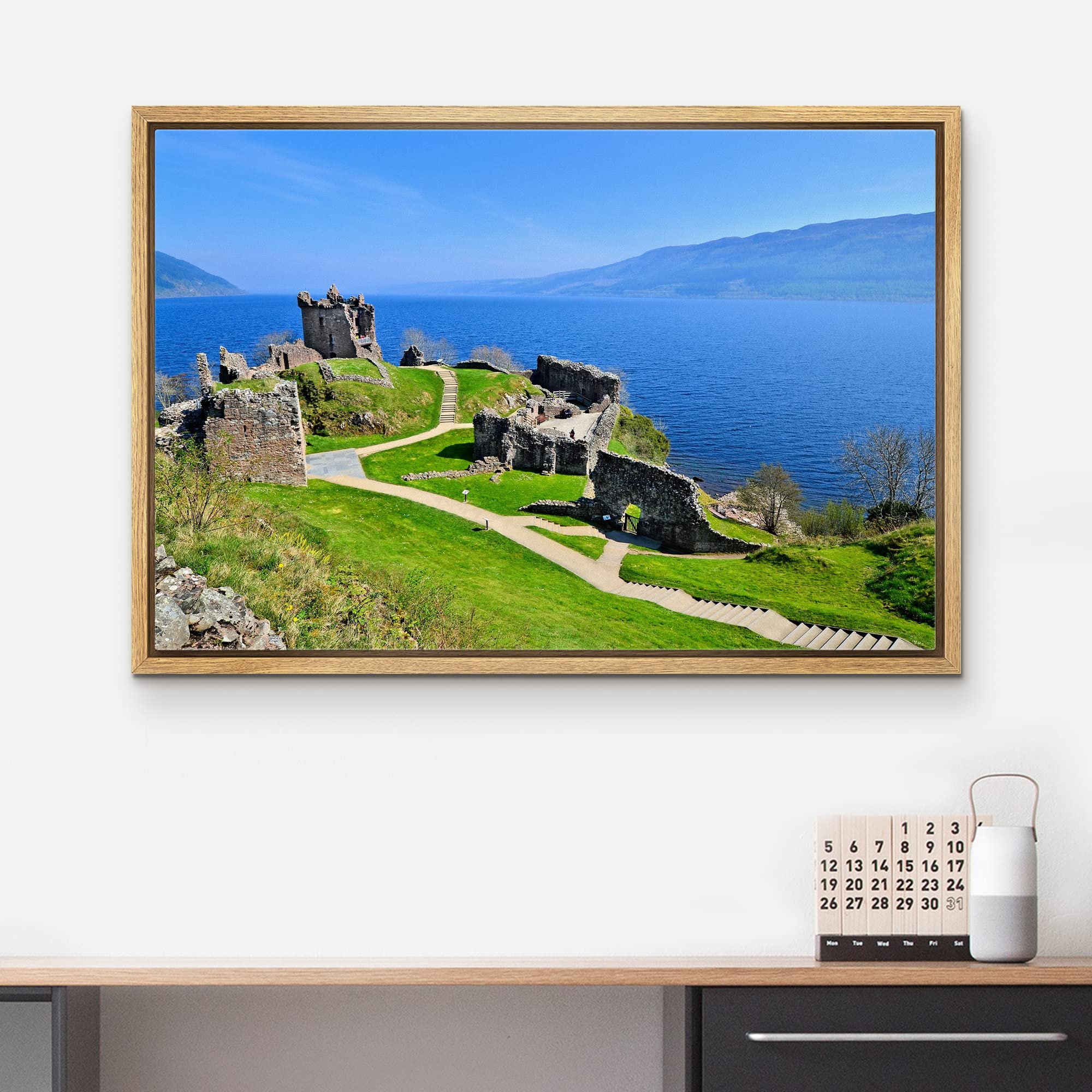 Beautiful Scenery Landscape of Ruins of Urquhart Castle Along Loch Ness Scotland - Framed Canvas Art Wall Art - 24''x36'' Natural