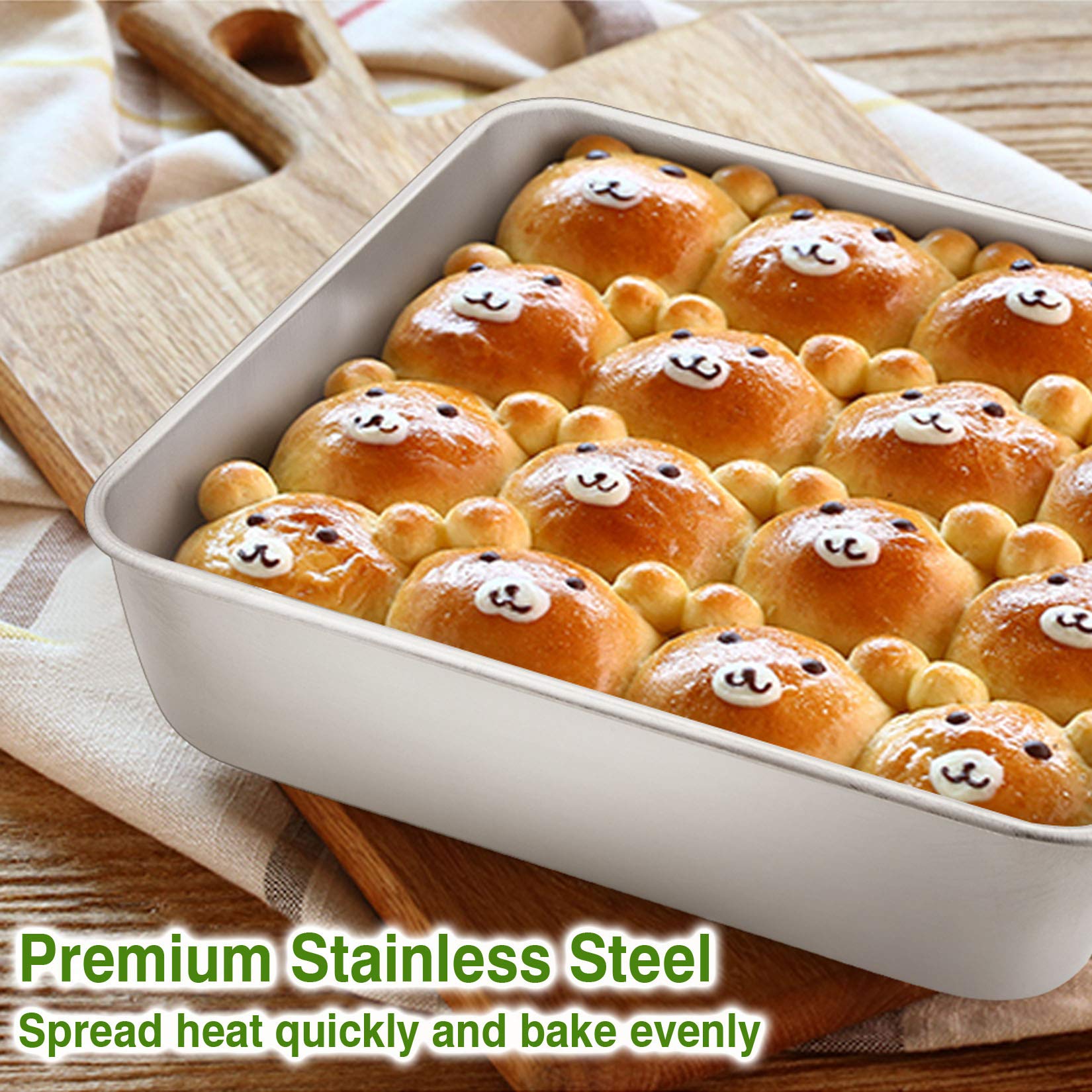 P&P Chef 8 Inch Square Cake Pan Set Of 3, Stainless Steel Deep Baking Pans Lasagna Bread Brownie Pans, One-Piece Construction &