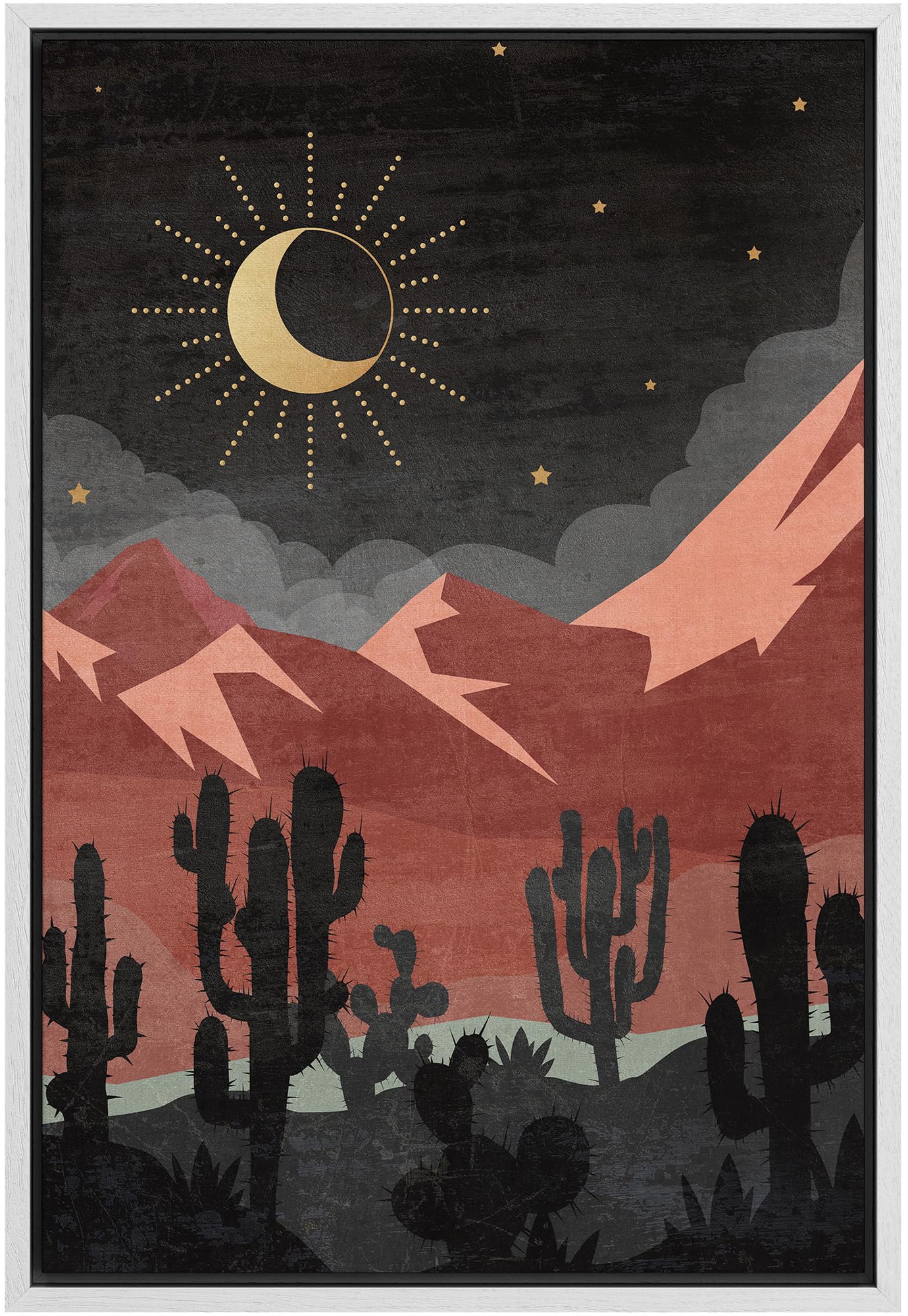 Signford Framed Canvas Print Wall Art Desert Nightscape With Crescent Moon And Cacti Silhouettes Nature Wilderness Illustrations