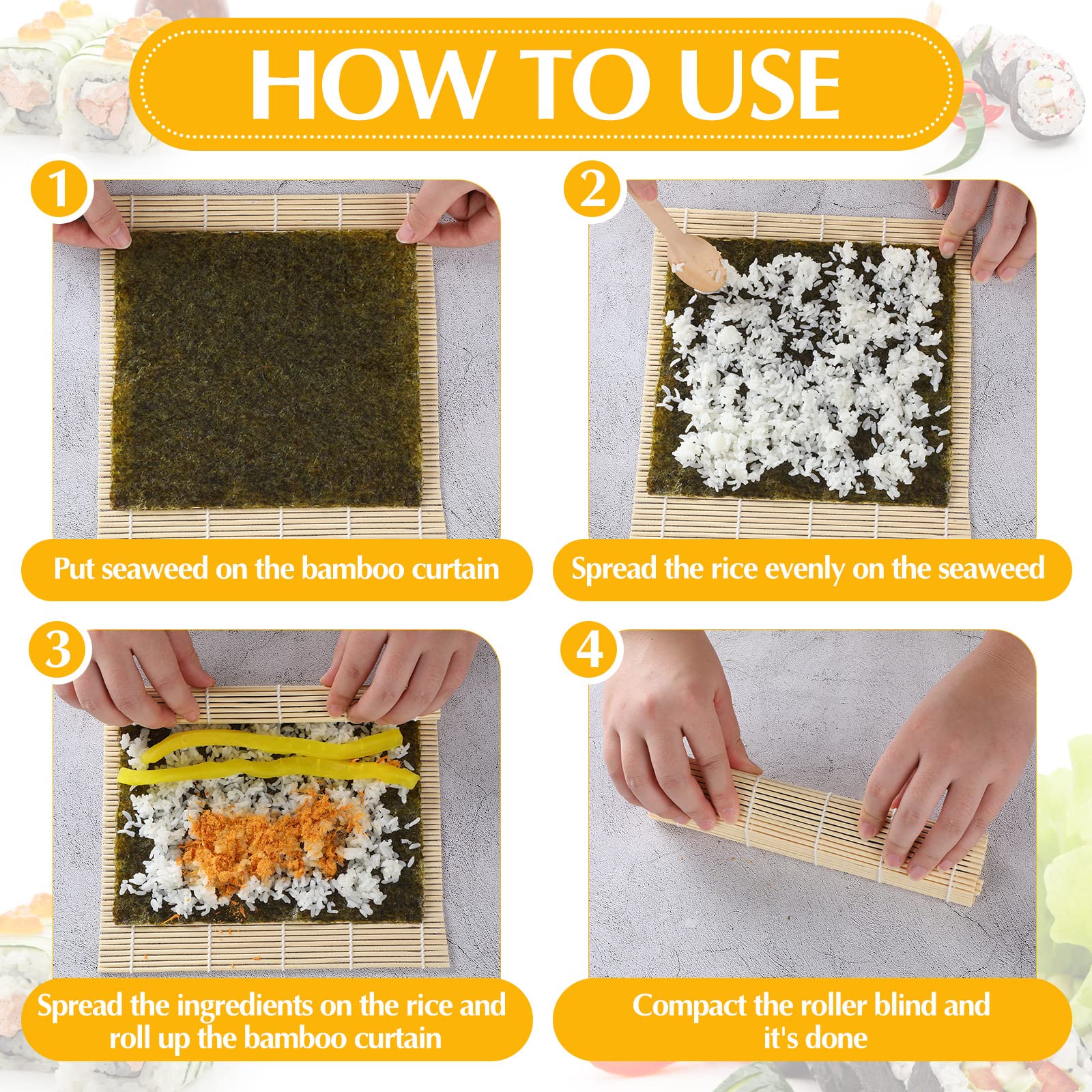 Hoolerry 24 Pcs Sushi Mat Bulk Bamboo Sushi Making Roller Non Stick Square Sushi Rolling Mat For Home Sushi Party, 9.5'' X 9.5''
