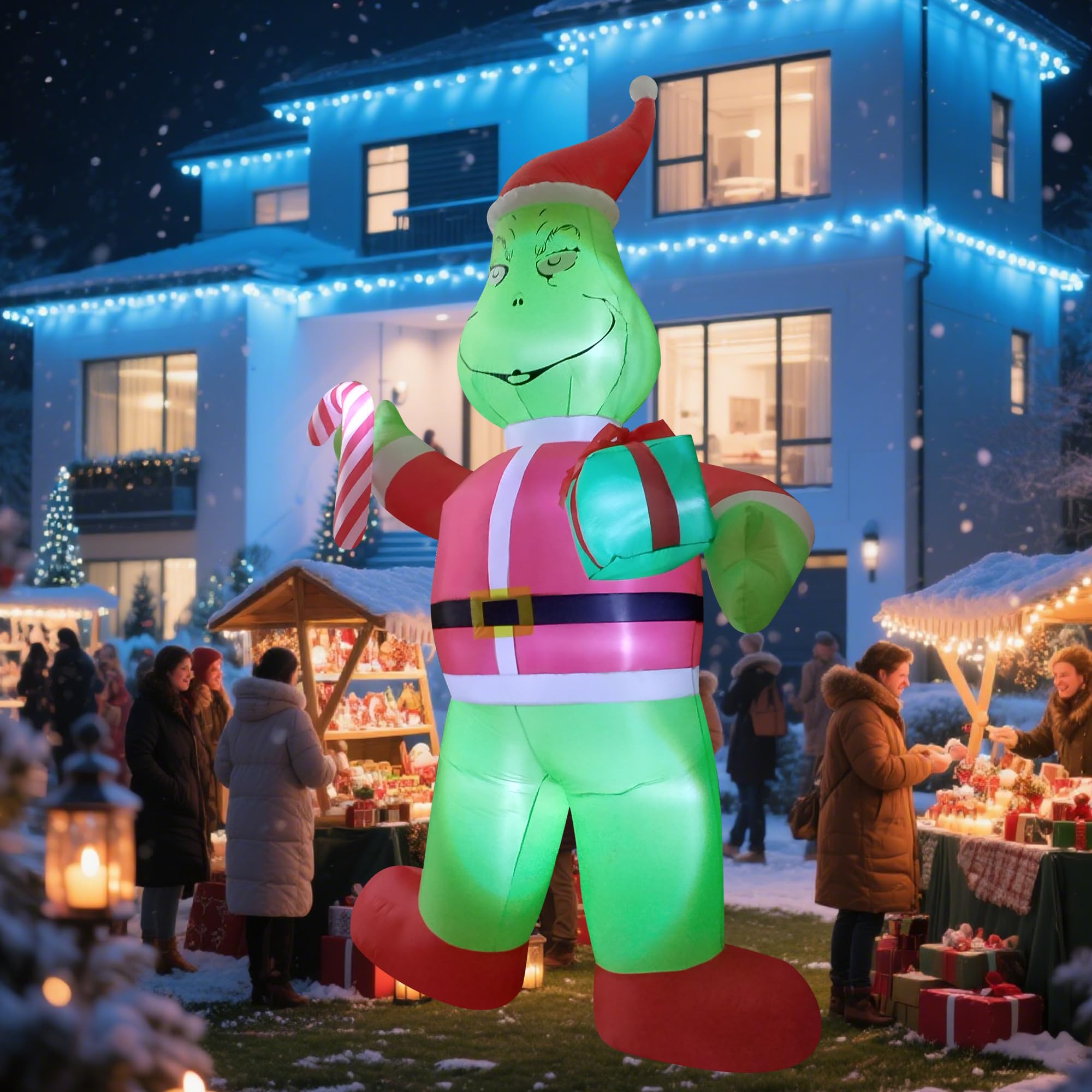 12ft Giant Christmas Inflatables Outdoor Decorations Blow up Santa Green Monster with Gift Box,Candy Cane, LED Lights for Yard D