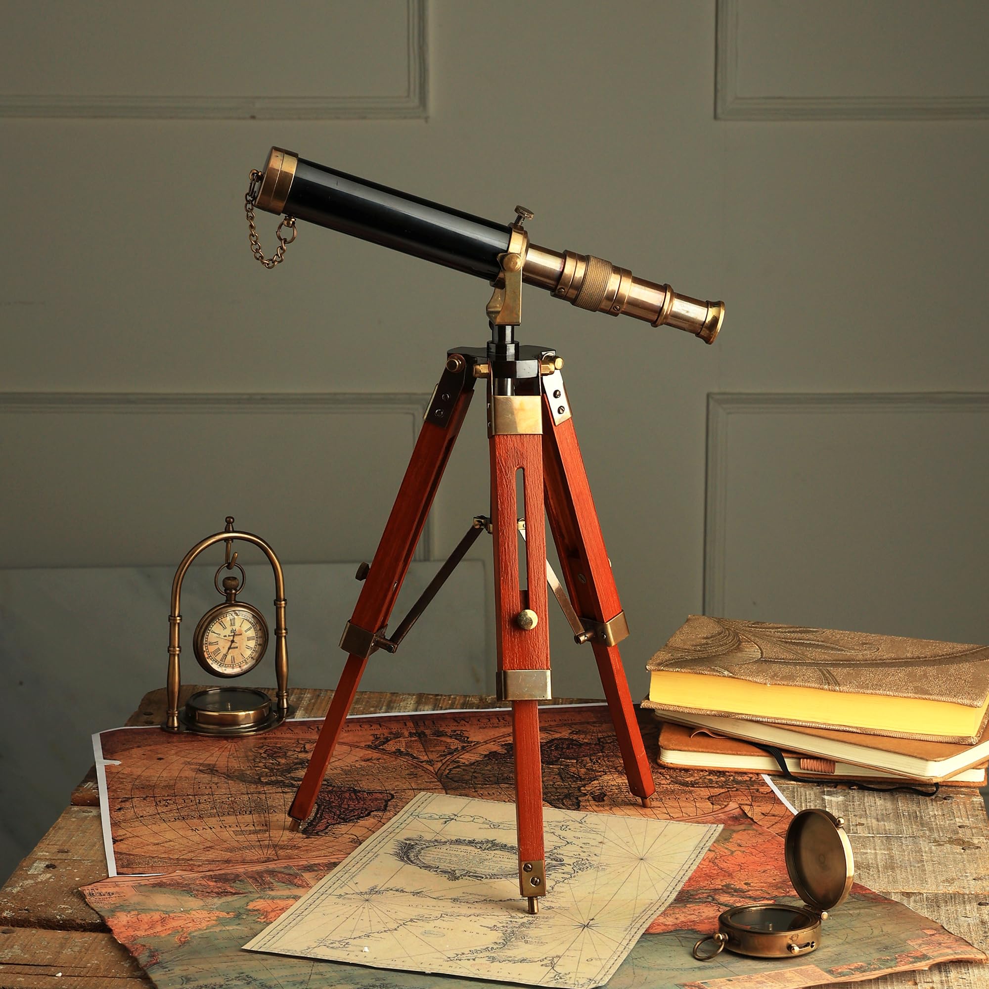 Table D  cor 9 inch Telescope Vintage Marine Gift Functional Instrument Collectables Gift Item (Brass Antique + Wood)