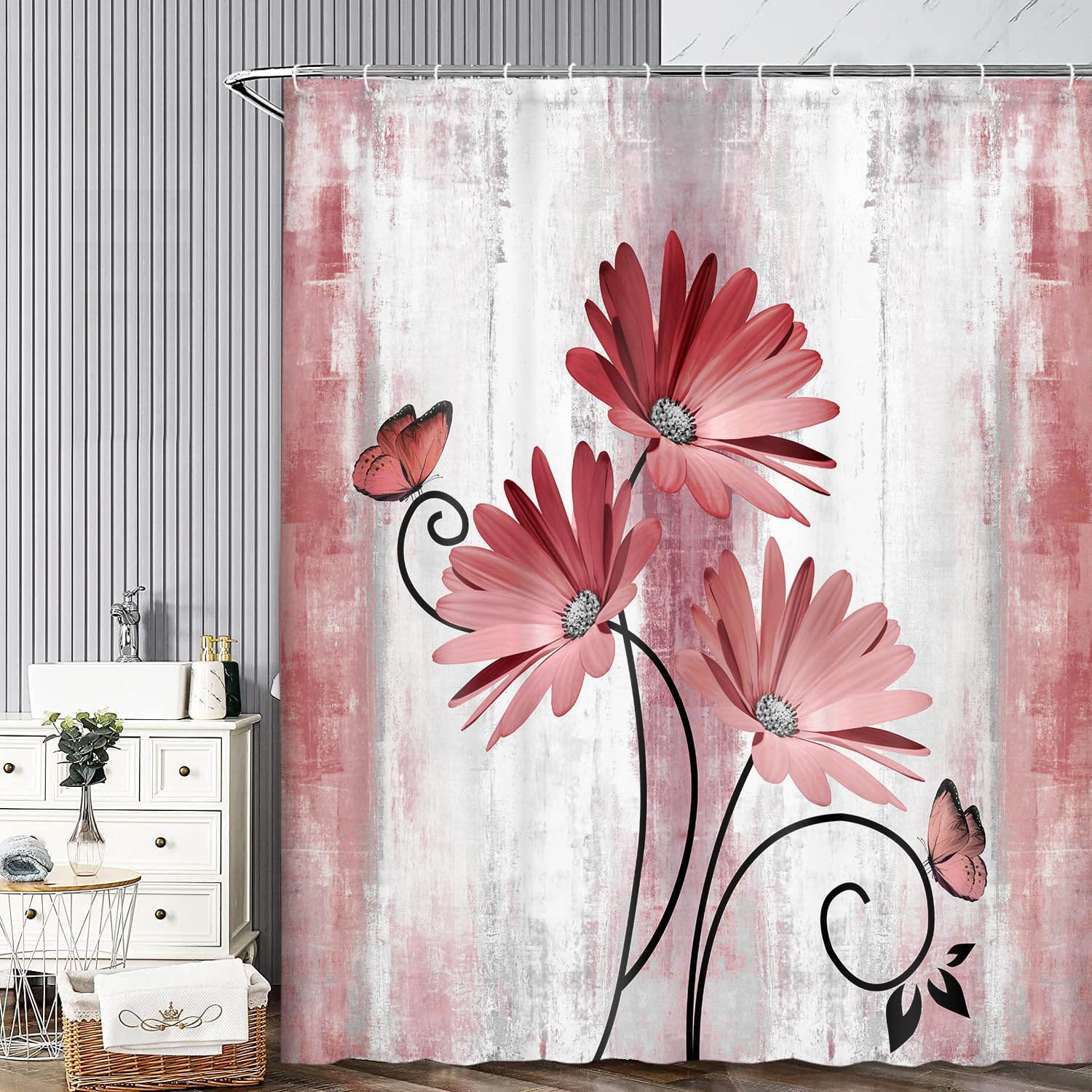 Veivian Rustic Farmhouse Shower Curtain, Farm Red Daisy Floral Flowers And Butterfly On Country Wooden Shower Curtain For Bathro