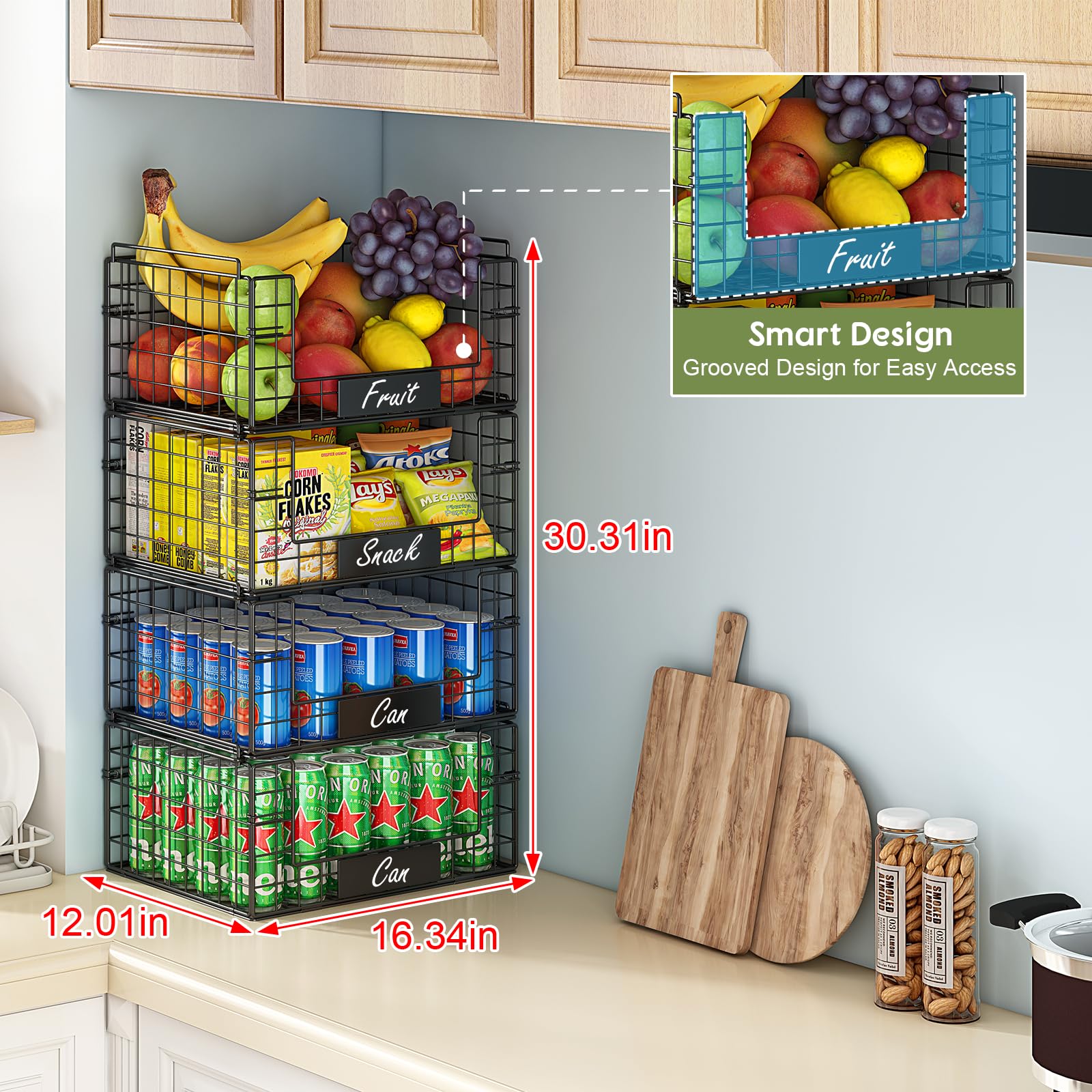 Jksmart 4 Pack Xxl Stackable Wire Baskets With Handles For Pantry Storage And Organization,Fruit And Vegetable Basket With Name