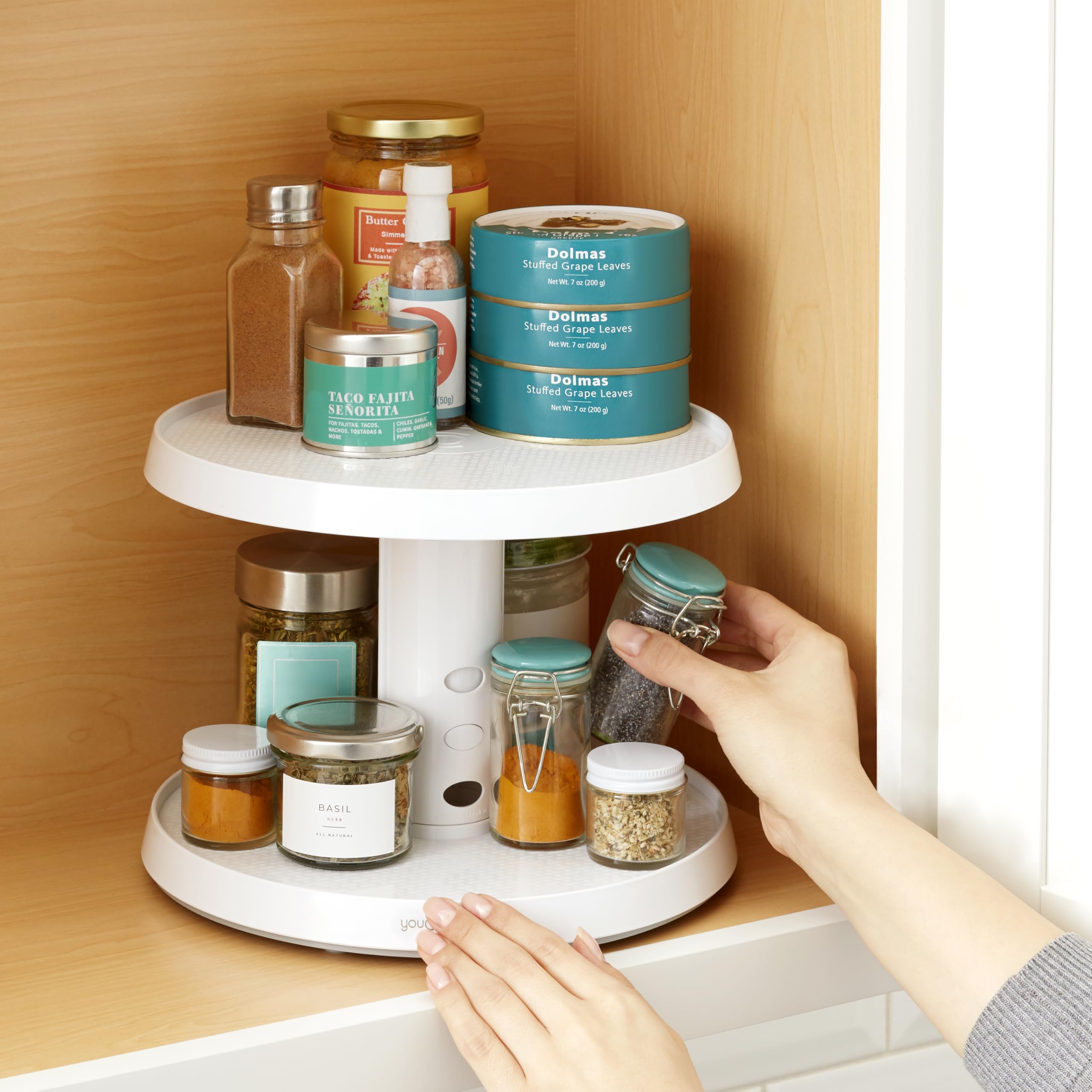 Youcopia Crazy Susan Two-Tier Turntable, Height-Adjustable Lazy Susan Organizer For Kitchen Cabinet And Pantry Organization And