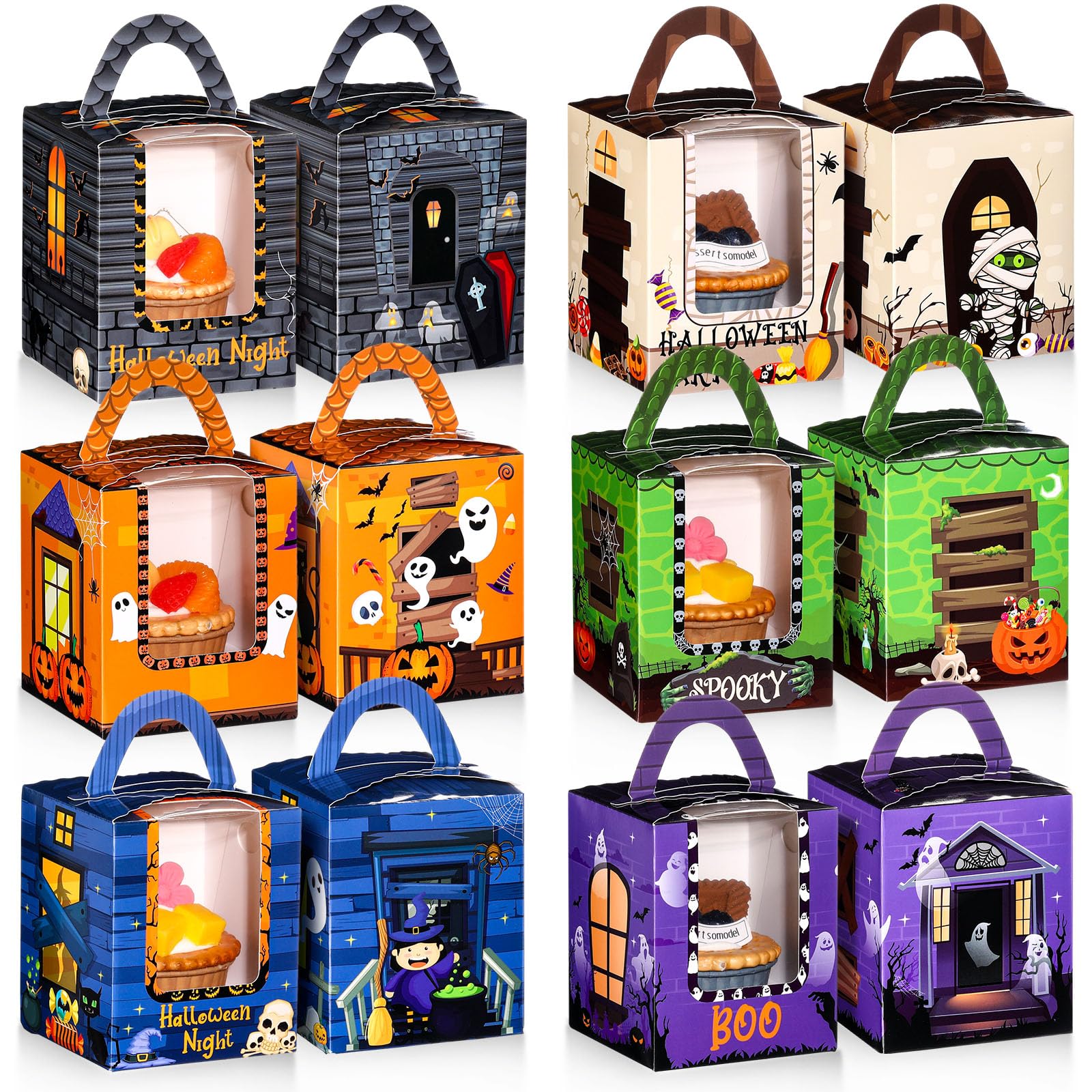 Qeeenar 60 Pieces Halloween Cupcake Boxes Halloween Individual Carriers Party Boxes with Clear Window for Cupcake Candies Gifts 
