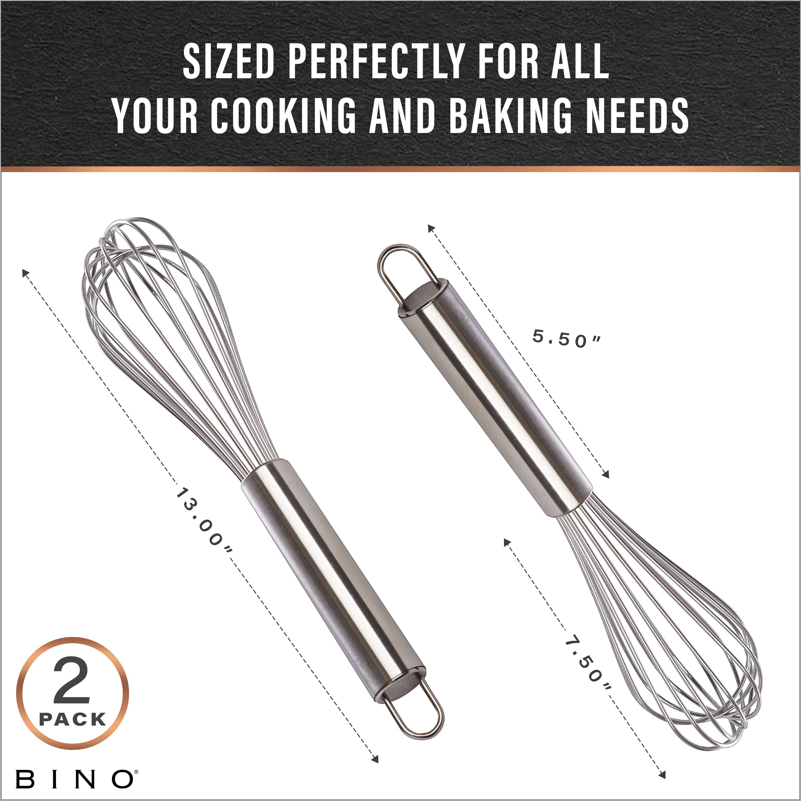 Bino 2-Piece Egg Whisk Set - 12 Inch | Thick Wire Balloon Whisk Set | Manual Egg Beater | Pancake Whisk | Kitchen Whisks For Coo