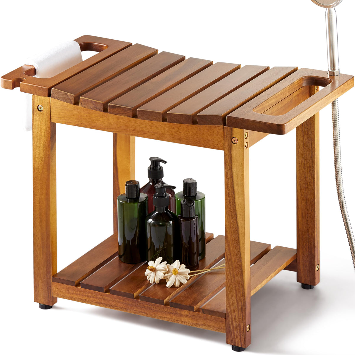Bluewest Shower Bench Seat With Storage Shelf, Natural Wood Shower Benches For Inside Shower To Sit On, Waterproof Bathroom Spa