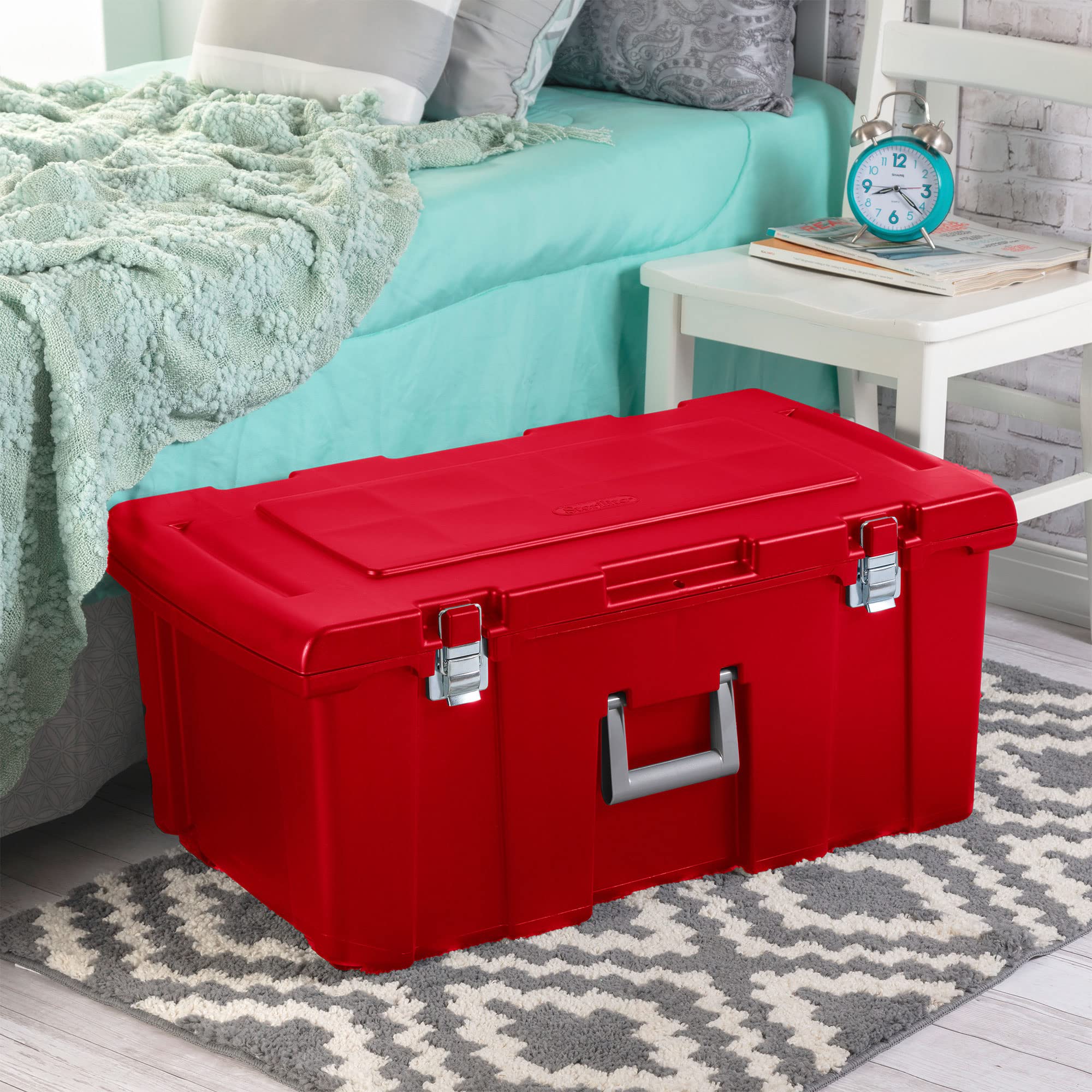 Sterilite 23 Gallon Lockable Storage Tote Footlocker Toolbox Container Box With Wheels, Handles, Metal Hinges, And Latches, Infr