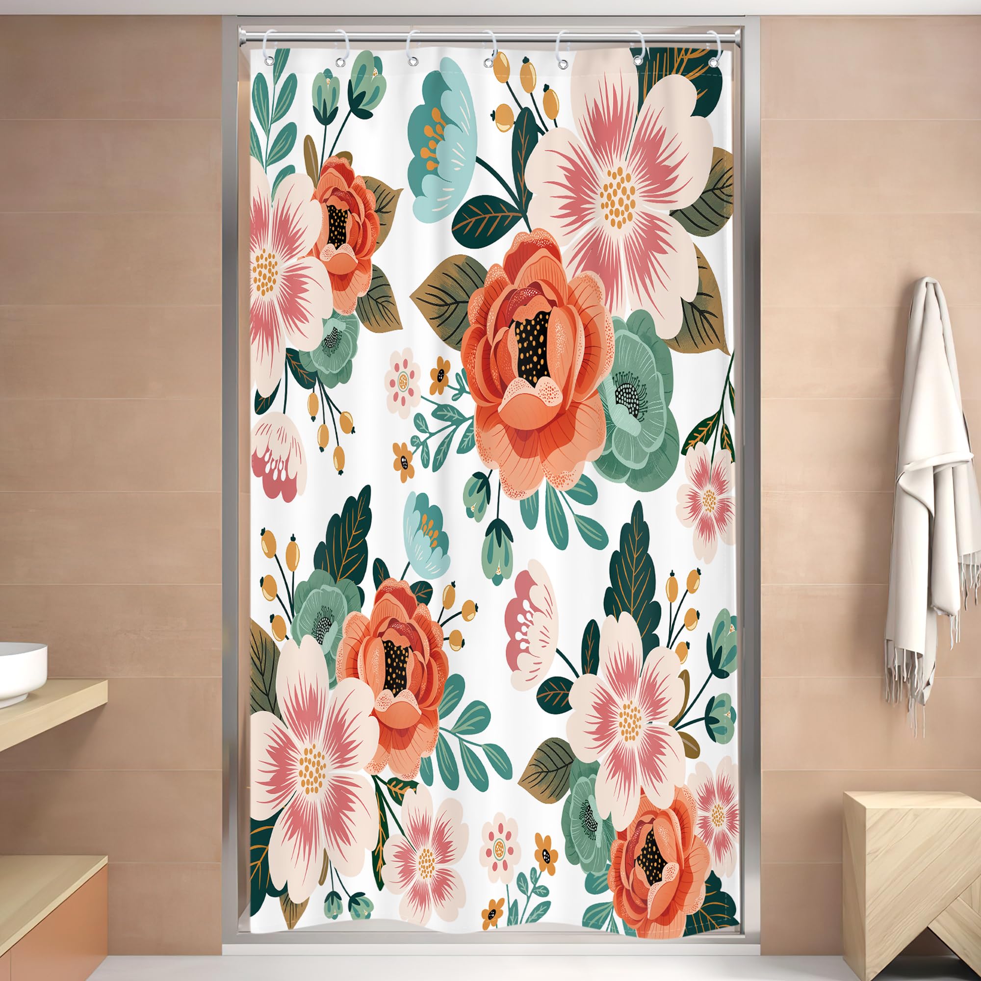 Riyidecor Small Stall Shower Curtain 36Wx72H Inch Half Narrow RV Spring Floral Flower Bathtub Decor Walkin Leaves Green Bathroom Decor Fabric Panel Polyester Waterproof 7 Pack Plastic Hooks WW-YHX9