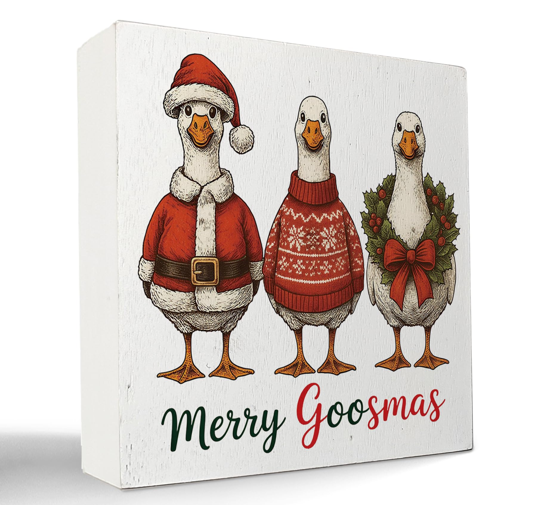 kunlisa Christmas Goose Wooden Sign, Goose Lover Gifts, Christmas Xmas Santa Wreath Farm Animal Holiday Wood Box Sign for Home O