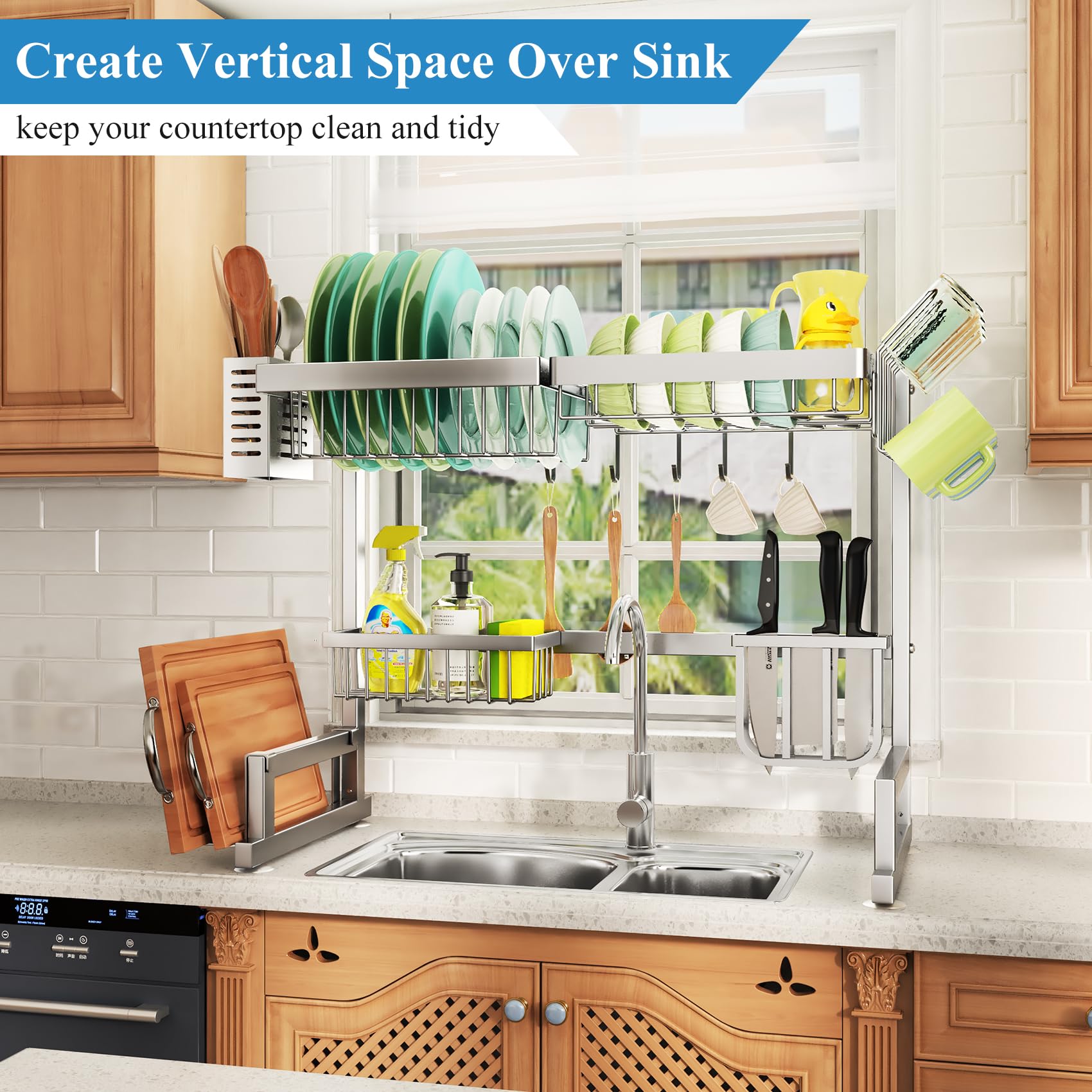 Over The Sink Dish Drying Rack, Stainless Steel Adjustable (26.8'' To 34.6'') Large Dish Drainer Drying Rack For Kitchen Counter