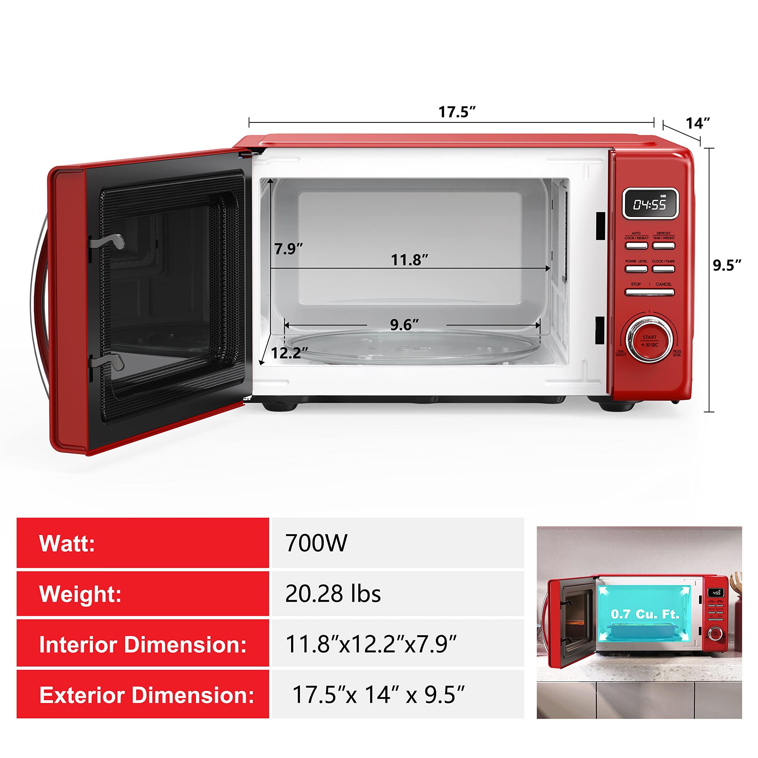 Galanz GLCMKZ07RDR07 Retro Countertop Microwave Oven with Auto Cook & Reheat, Defrost, Quick Start Functions, Easy Clean with Gl