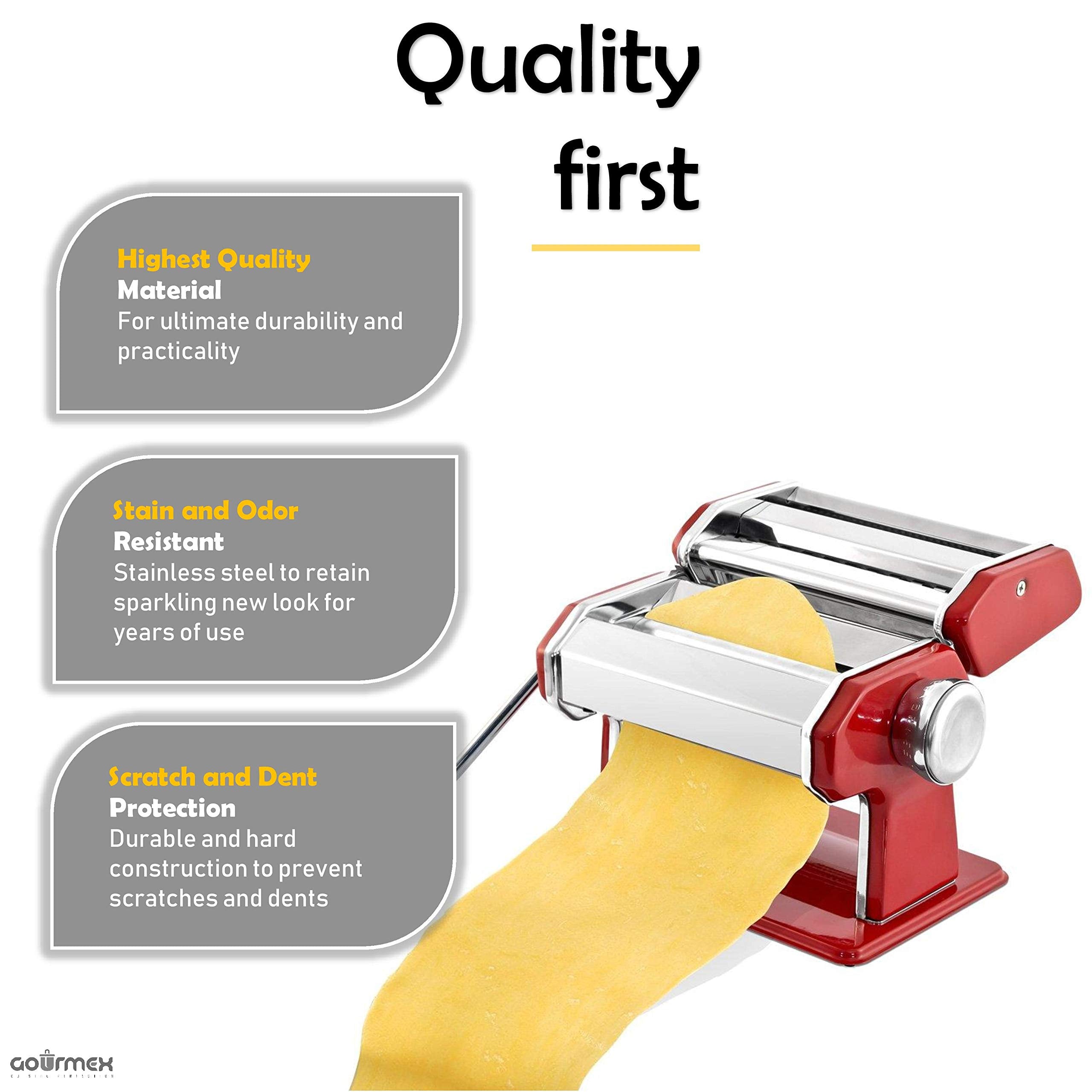 GOURMEX Stainless Steel Pasta Maker | Adjustable Thickness | Red | Ideal for Homemade Spaghetti & Fettuccini | Model gthyj87