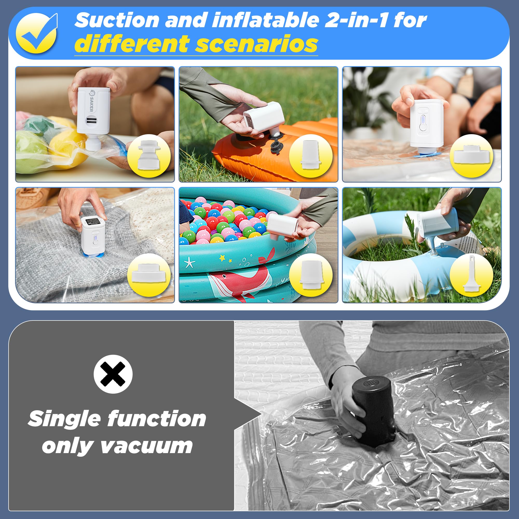 Saker Vacuum Storage Bags With Electric Pump, Space Bags Vacuum Storage Bags, 2-In-1 Pumping And Inflation, 15 Pack (3 Jumbo,3 L