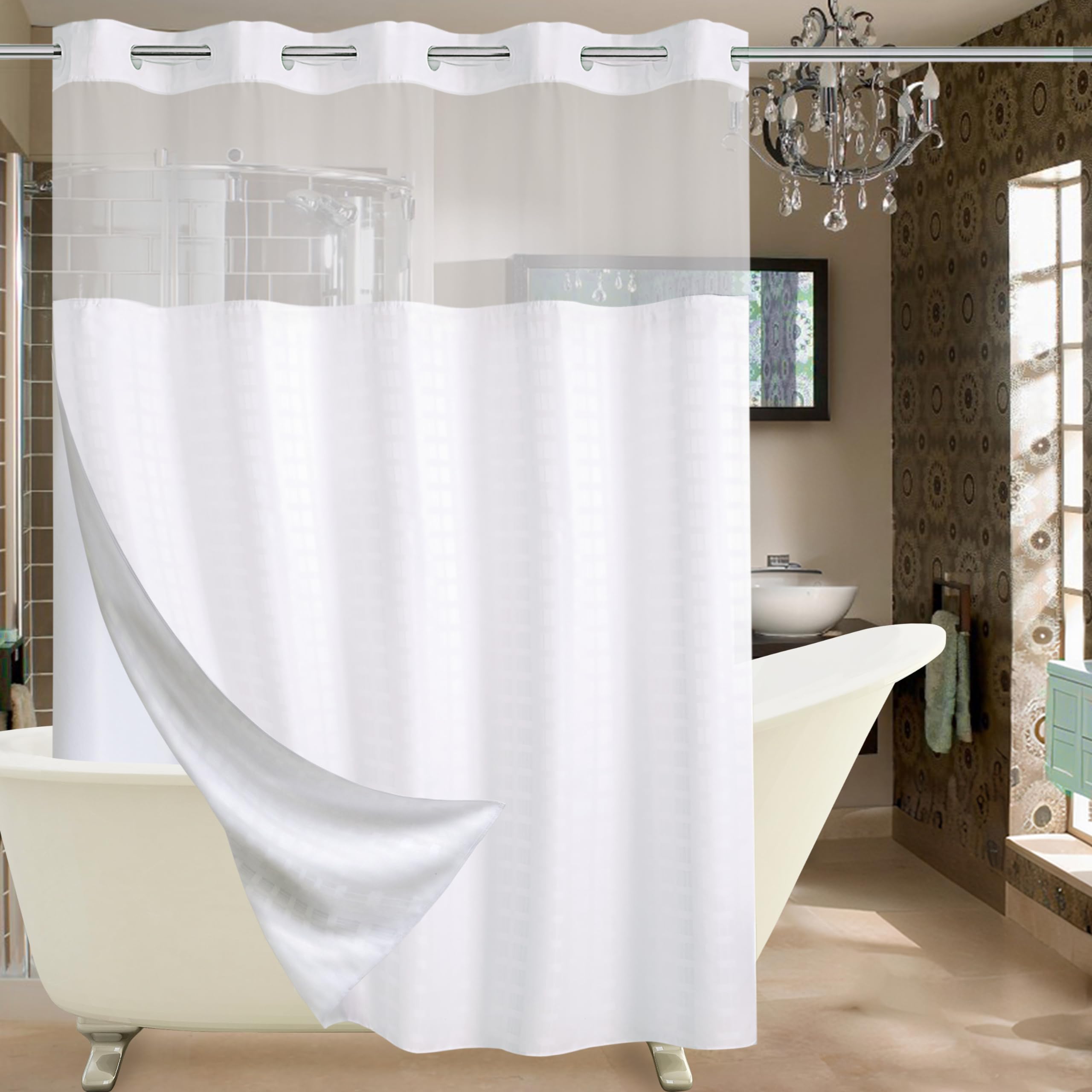 Conbo Mio Hotel Grade Fabric Shower Curtain with Snap in Liner for Bathroom with See Through Top Window  Spa  Machine Washable  Shower Curtain (Check-White 71Wx74H)