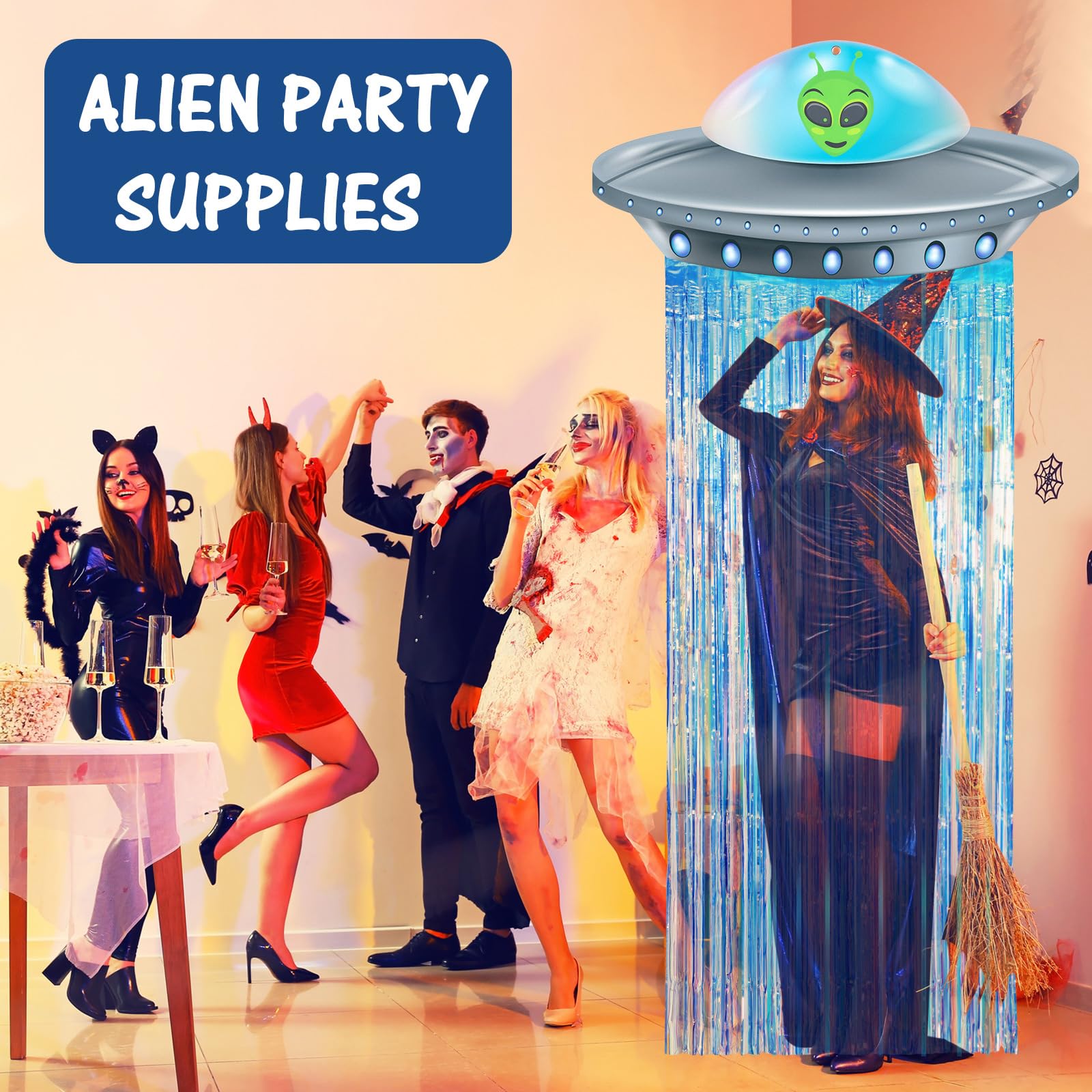 Simgoing Alien Birthday Party Decorations Door Curtain with Foil Fringe Tinsel Spacecraft Flying Saucer Spaceship Hanging Banner